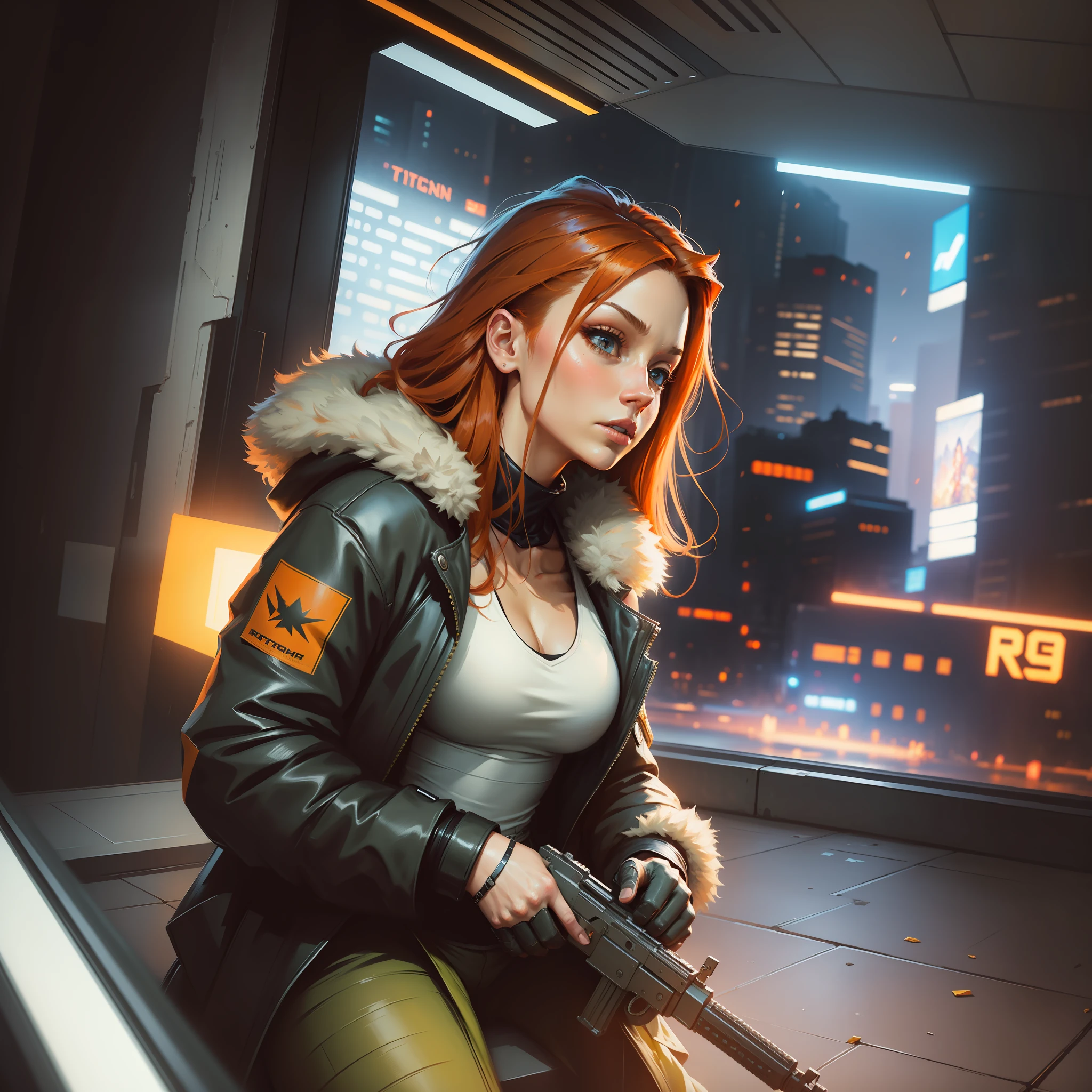 cyberpunk ginger vixen at central plaza of post apocalyptic city, Light field photography, wide angle lens f/2.8, ultra insane high resolution intricate textures, texture indentation, 32k raw professional photo, perfect perspective, perfect geometry, ultra insane ambient lighting, ultra insane ambient shadows, luminism, ultra detailed busy background, bouncing lighting, tessellation, maximalism, IPA Award wining masterpiece, art by Afremov, Kashin, Aenami, Jeremy Mann
