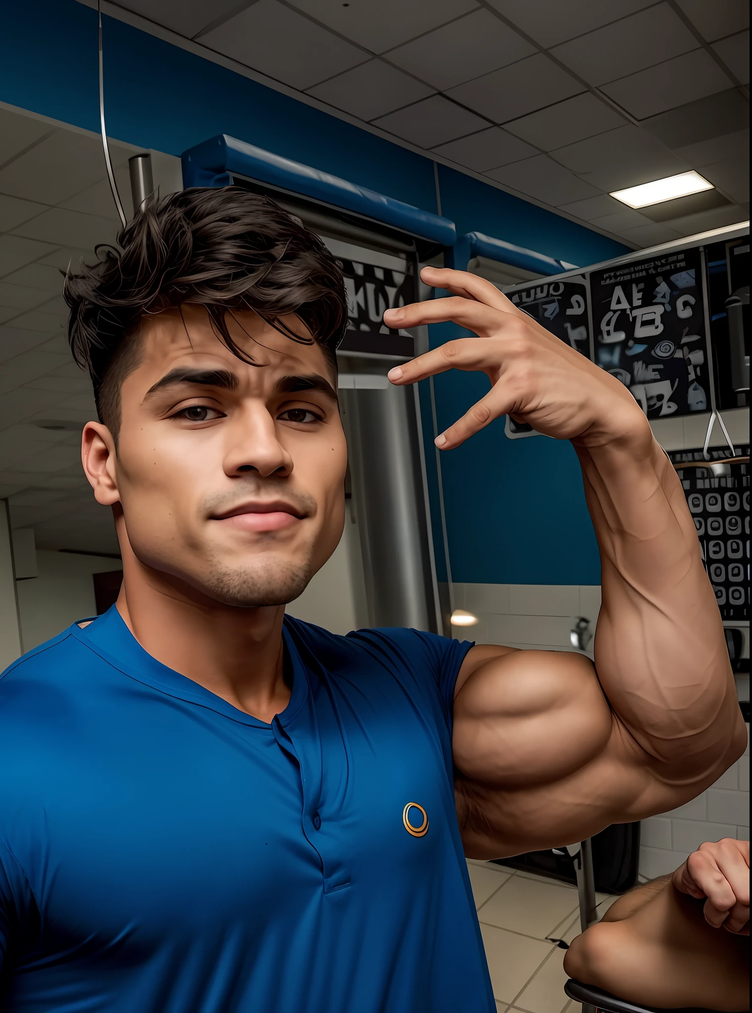 A man, body builder, man muscular, blue shirt, handsome