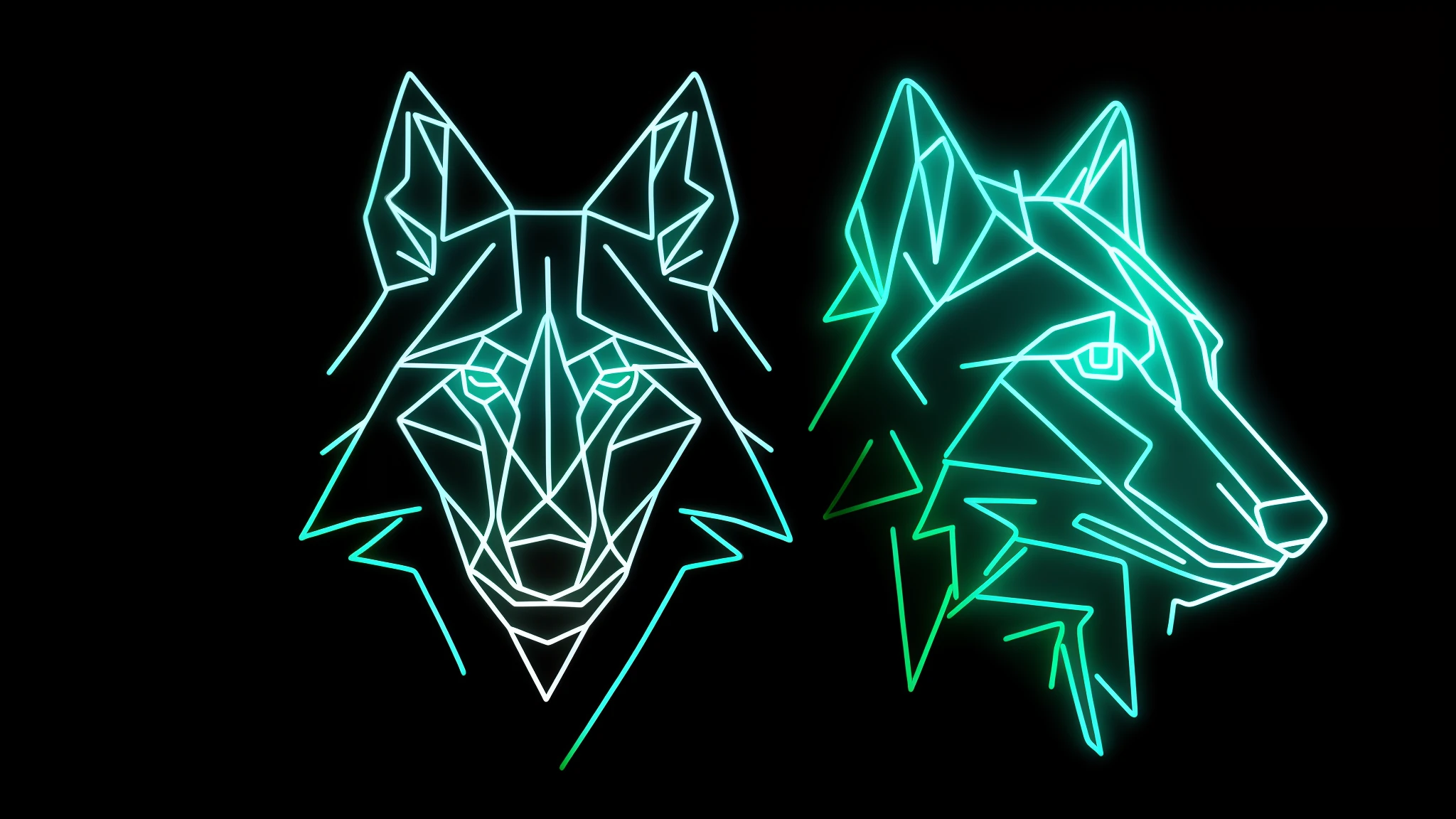 Make a logo of a geometric wolf photo style with neon outline in black and white
