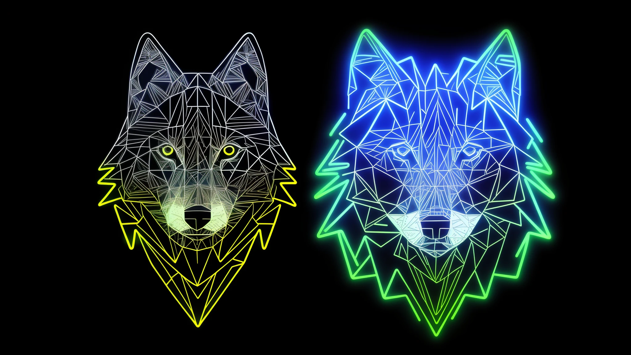 Make a logo of a geometric wolf photo style with neon outline in black and white