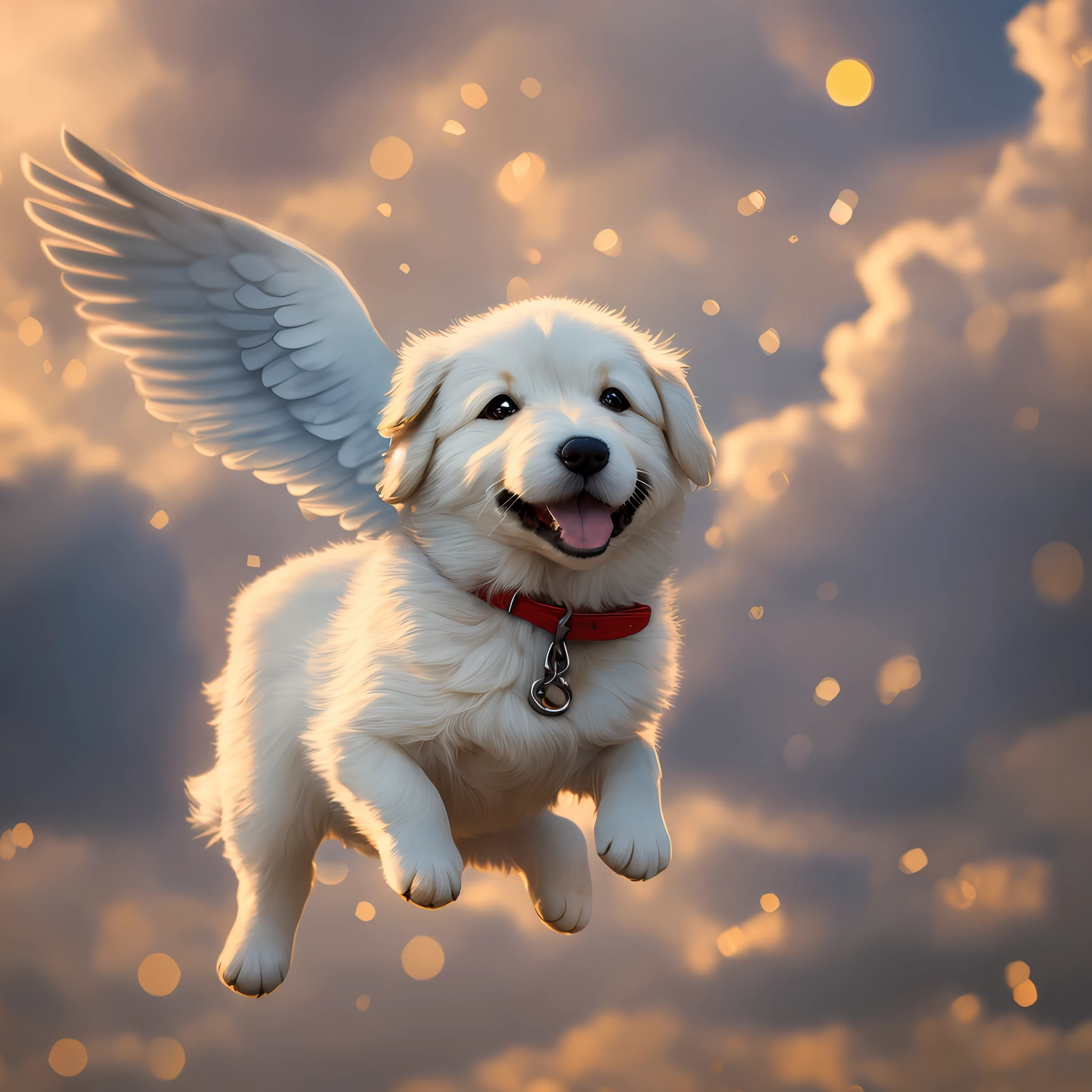 Award-winning portrait of happy puppy flying in clouds, bokeh and backlit --auto --s2