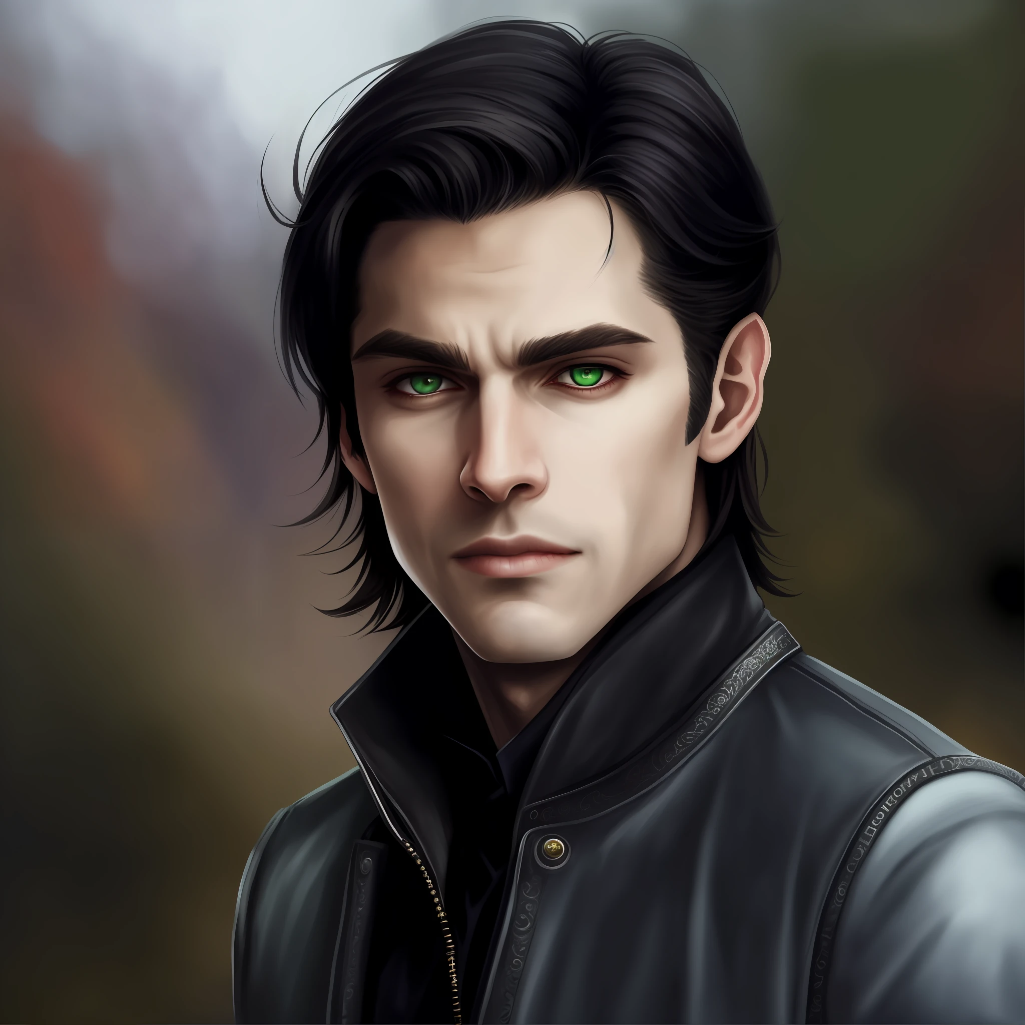 a close up of a person with a leather jacket and green eyes, handsome male vampire, fantasy male portrait, in the art style of bowater, inspired by Adam Dario Keel, style of charlie bowater, beautiful androgynous prince, charlie bowater art style, beautiful male elf, handsome stunning realistic, male vampire, detailed character portrait, a portrait of a male elf