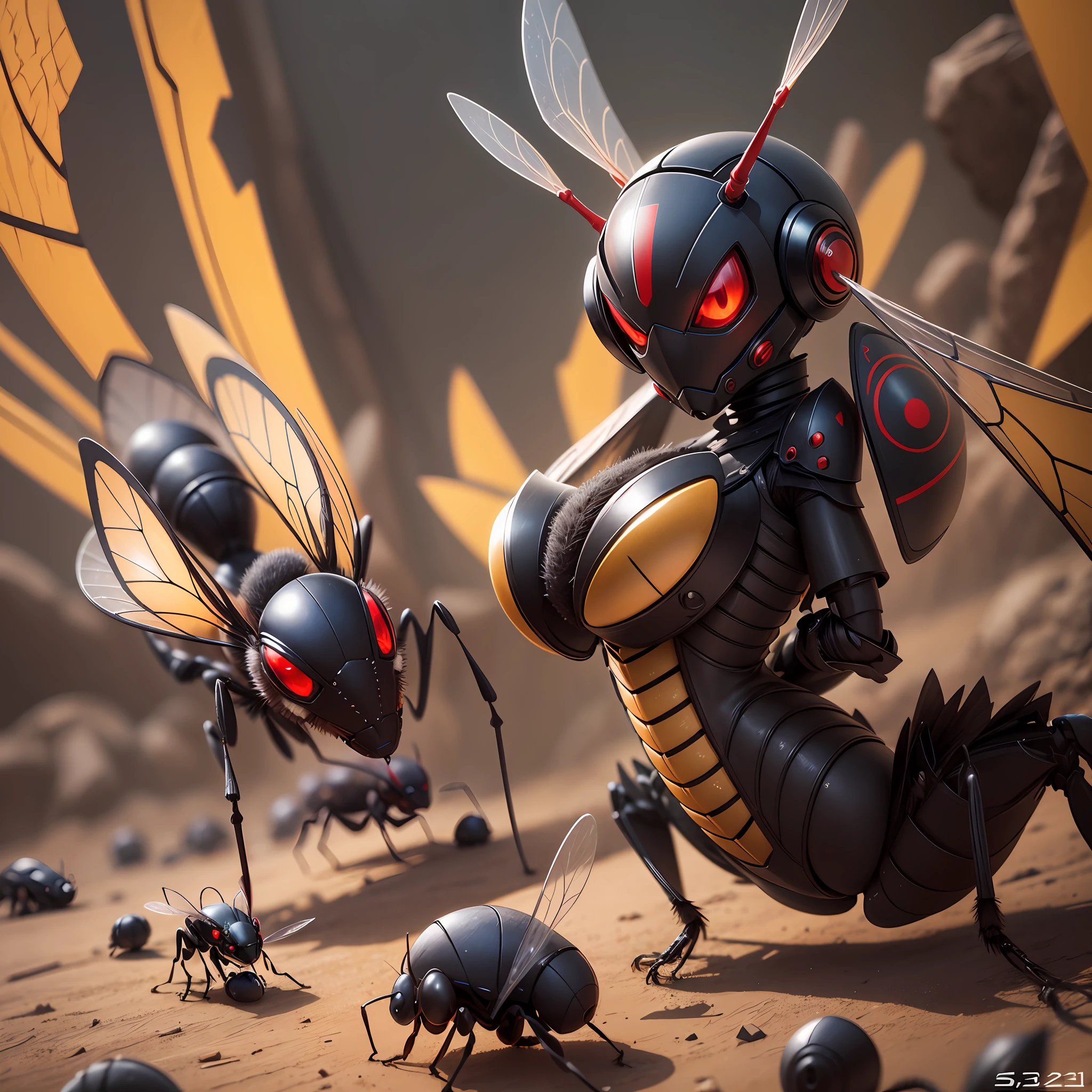 A wasp with red eyes fighting with an army of ants. It would have to be in manga style and with a natural background behind. Adds the TYE emblem at the top centered. --auto --s2
