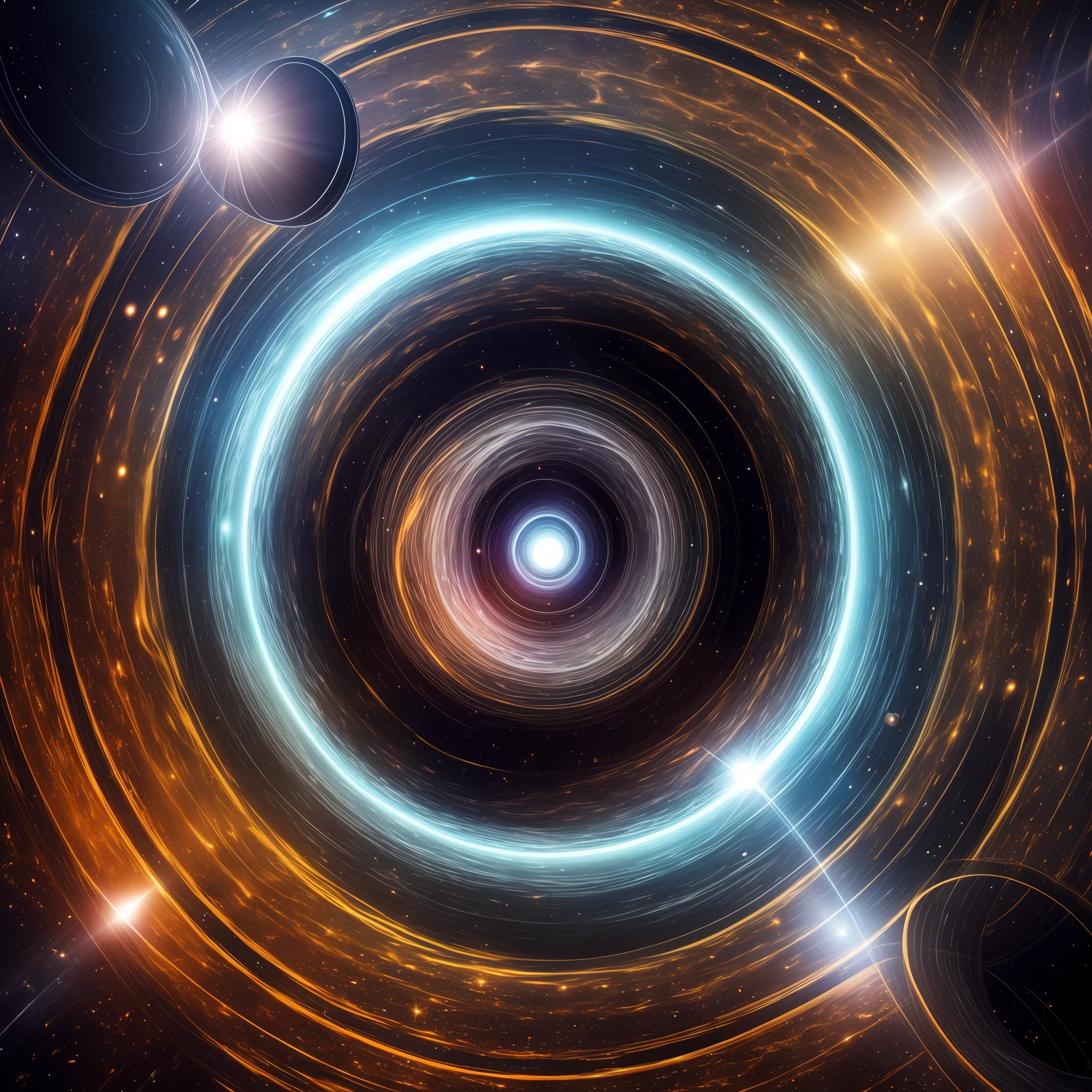 Floaty black hole, with clear detail, a sense of depth, surrounded by multiple layers of luminous surrounds.