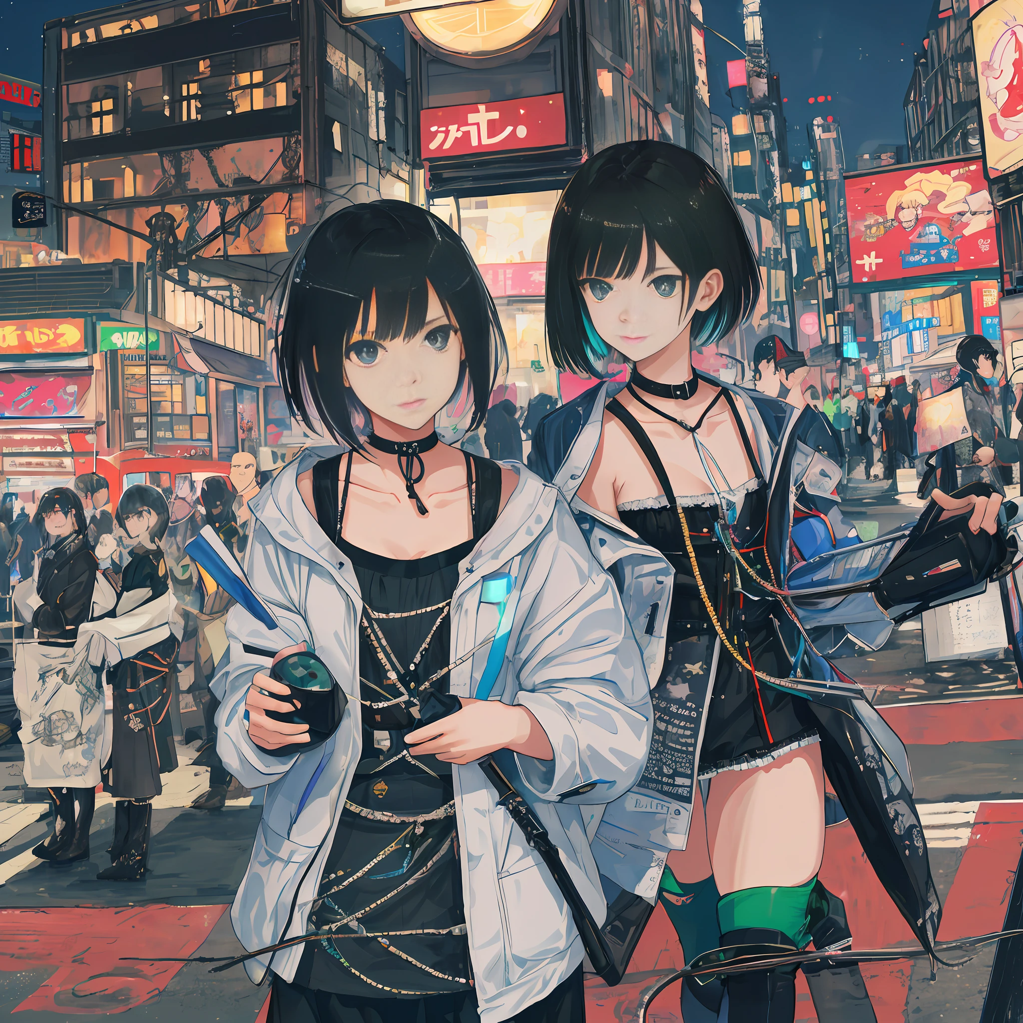 masterpiece, wide angle lens, masterpiece portrait of female police officer in Shibuya at night, Shibuya center street, voluminous neon lighting caustics, pistol, aquamarine eyes, intricate details, pipe, cable, slim body, uniform, cap, Shibuya station front police box, traffic light, intersection, shibuya scramble intersection, motorcycle, baton, police car, woman with short black hair, beautiful face, beautiful eyes,