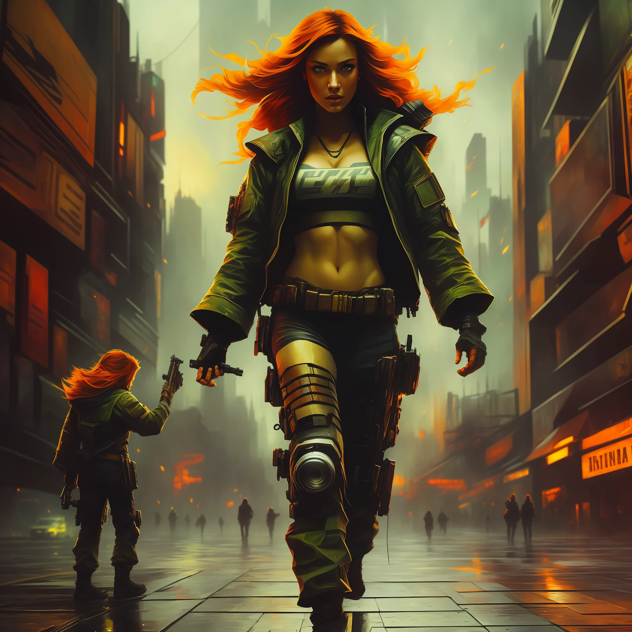 cyberpunk ginger vixen at central plaza of post apocalyptic city, Light field photography, wide angle lens f/2.8, ultra insane high resolution intricate textures, texture indentation, 32k raw professional photo, perfect perspective, perfect geometry, ultra insane ambient lighting, ultra insane ambient shadows, luminism, ultra detailed busy background, bouncing lighting, tessellation, maximalism, IPA Award wining masterpiece, art by Afremov, Kashin, Aenami, Jeremy Mann