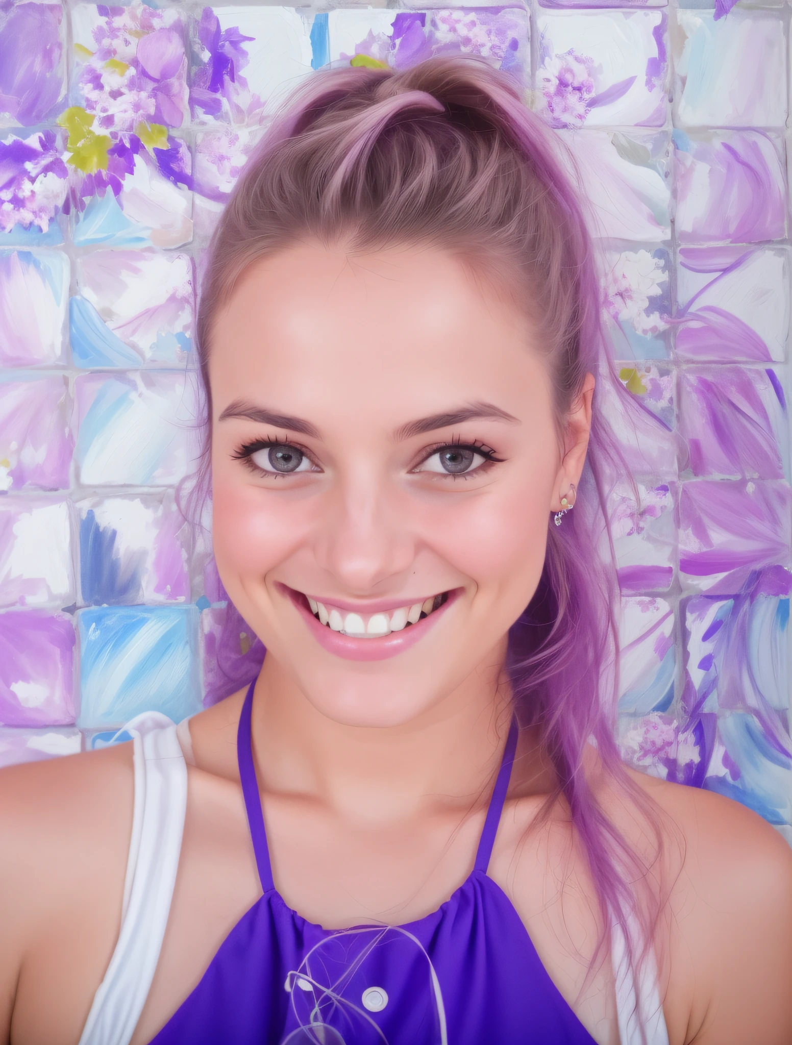 smiling woman in white tank top and purple tie in front of blue and white tile wall, by Amelia Peláez, caroline gariba, aleksandra waliszewska, by Emma Ríos, valentina remenar, by Nándor Katona, beautiful and smiling, viktoria gavrilenko, sanja stikovic, martina fackova