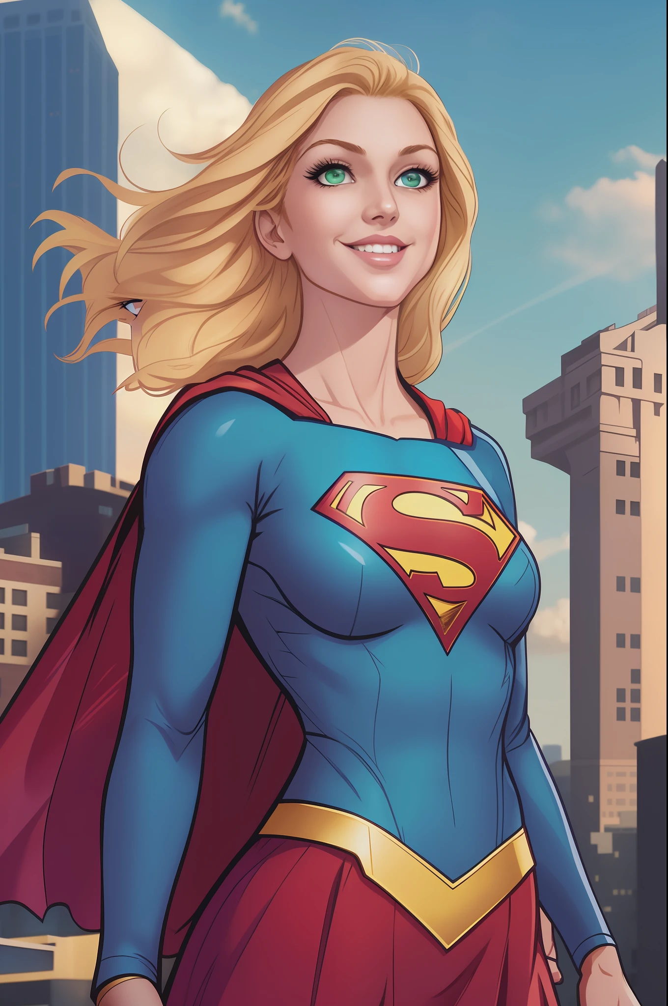 supergirl, supergirl costume, anime, medium boobs, perfect face, ginger hair, perfect hands, 5 fingers, seducing smile, v4, 8k, small breasts, (upper body view), light green eyes, Emerald eyes, symbol-shaped pupils, (background: on city building), night light, night, jim lee,