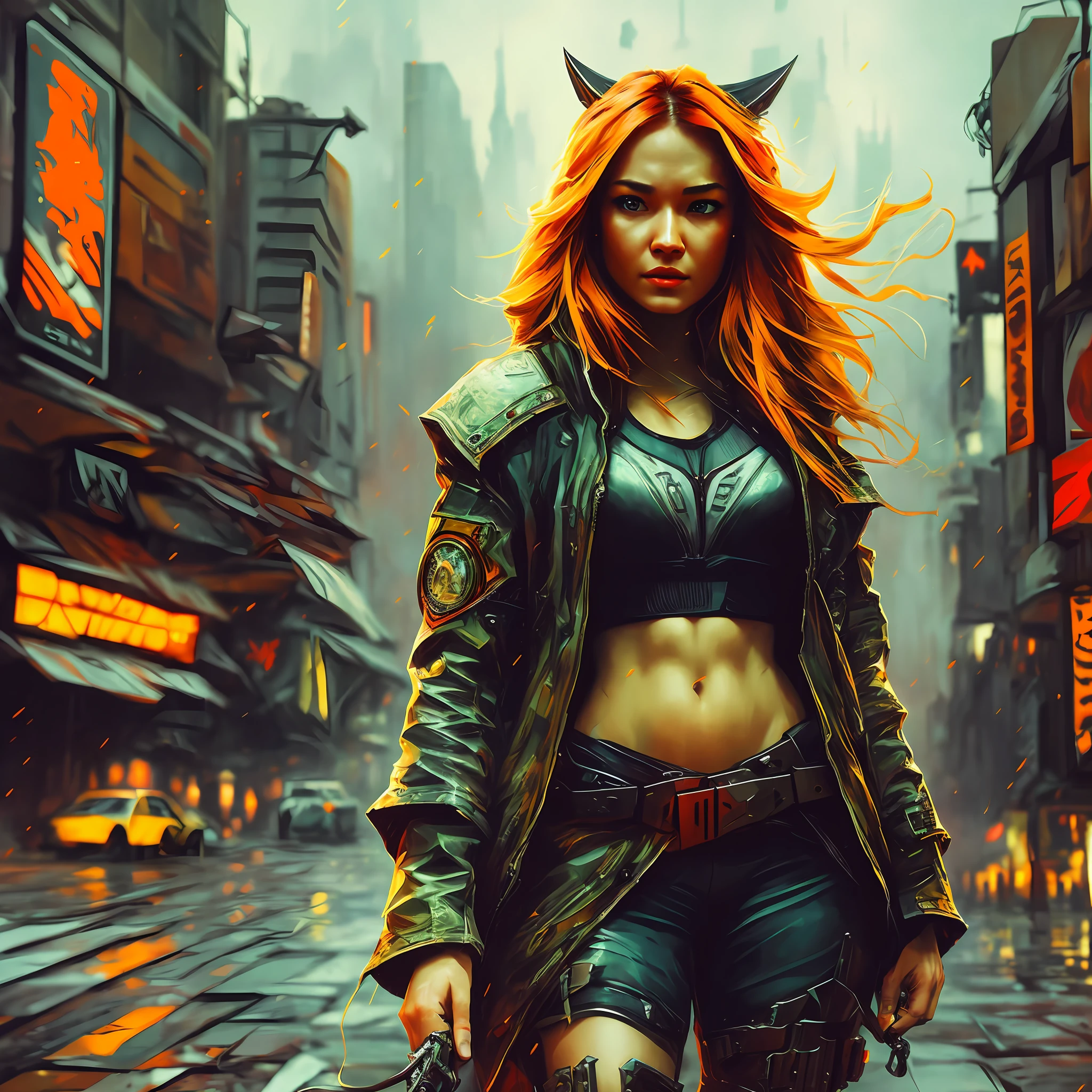 cyberpunk ginger vixen at central plaza of post apocalyptic city, Light field photography, wide angle lens f/2.8, ultra insane high resolution intricate textures, texture indentation, 32k raw professional photo, perfect perspective, perfect geometry, ultra insane ambient lighting, ultra insane ambient shadows, luminism, ultra detailed busy background, bouncing lighting, tessellation, maximalism, IPA Award wining masterpiece, art by Afremov, Kashin, Aenami, Jeremy Mann