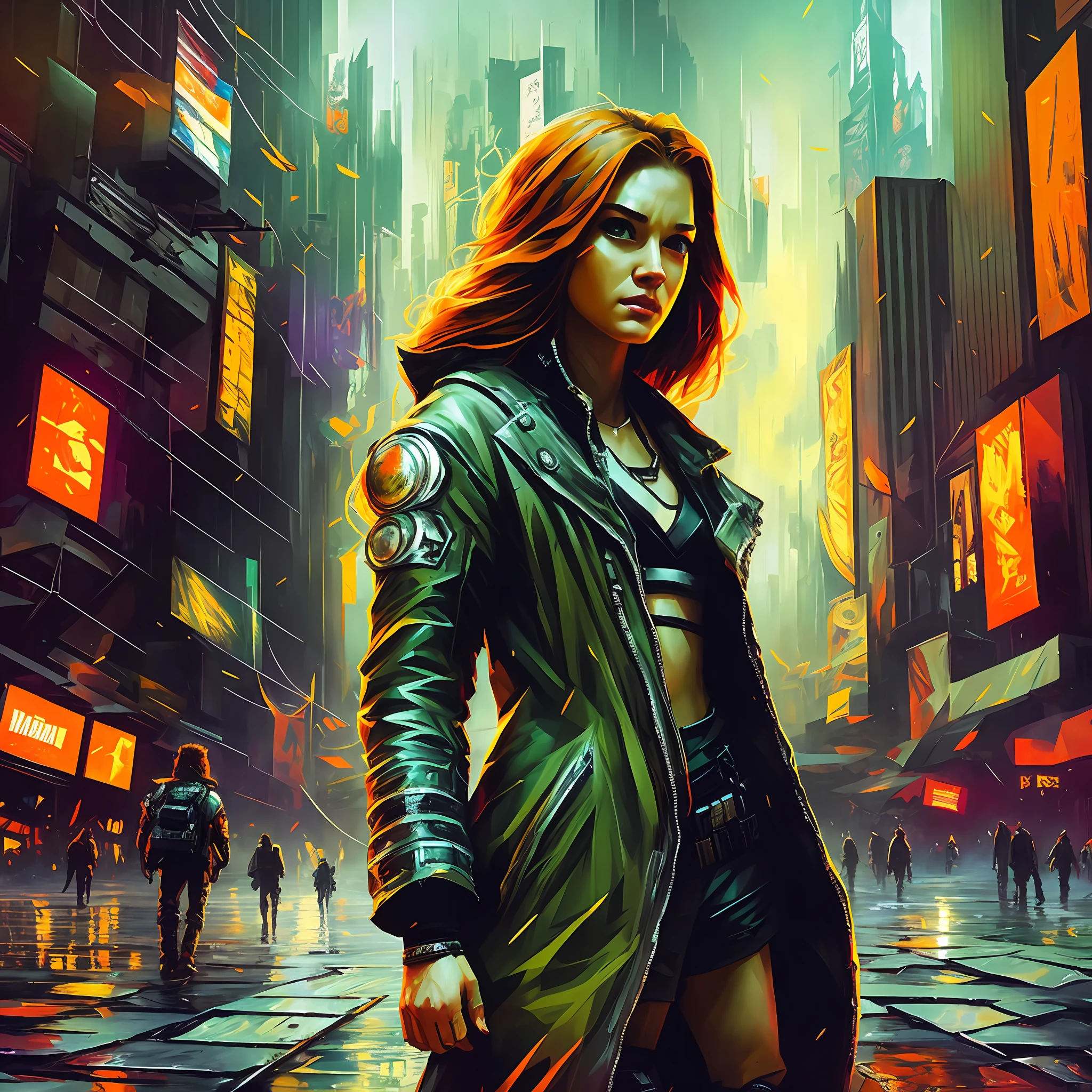 cyberpunk ginger vixen at central plaza of post apocalyptic city, Light field photography, wide angle lens f/2.8, ultra insane high resolution intricate textures, texture indentation, 32k raw professional photo, perfect perspective, perfect geometry, ultra insane ambient lighting, ultra insane ambient shadows, luminism, ultra detailed busy background, bouncing lighting, tessellation, maximalism, IPA Award wining masterpiece, art by Afremov, Kashin, Aenami, Jeremy Mann