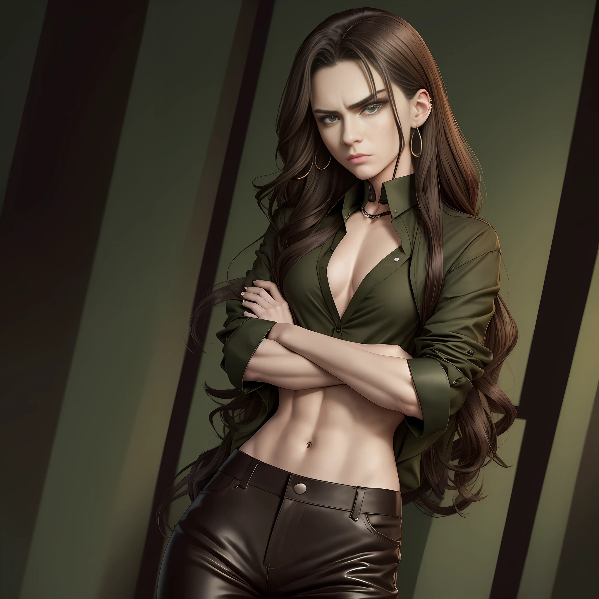 Androgynous adult. Looks like a pretty woman but has no feminine breasts: no female breasts. Dark brown, wavy, long hair. Hazel-green eyes. Pierced ears. Matte black shirt with olive-green high-waisted pants. Brown boots. Crossed arms. Serious, angry look. Break domain style. --auto --s2