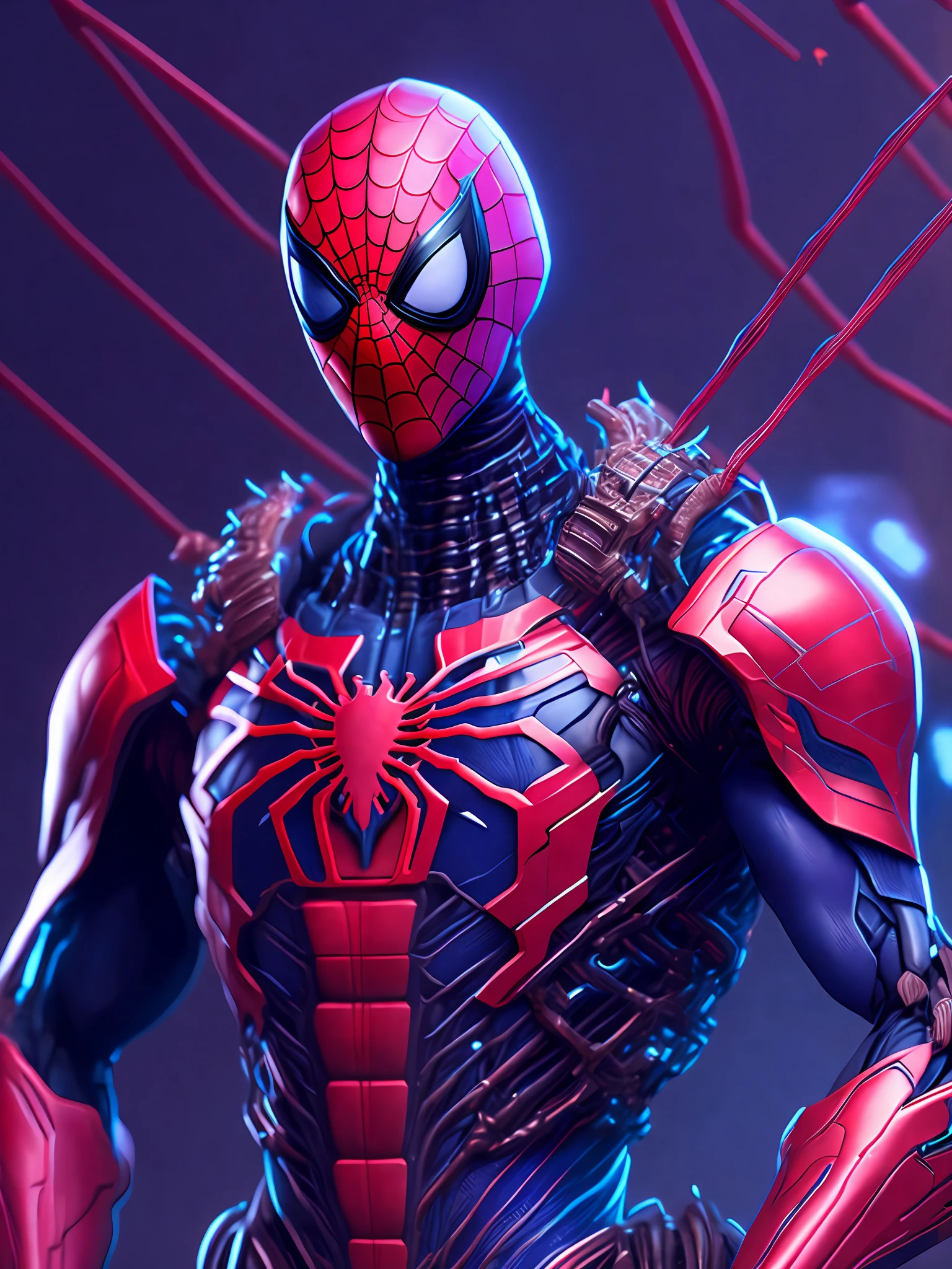 portrait, 2099 Spider-Man, biomechanical, complex robot, full growth, hyper-realistic, insane small details, extremely clean lines, cyberpunk aesthetic, a masterpiece featured on Zbrush Central,