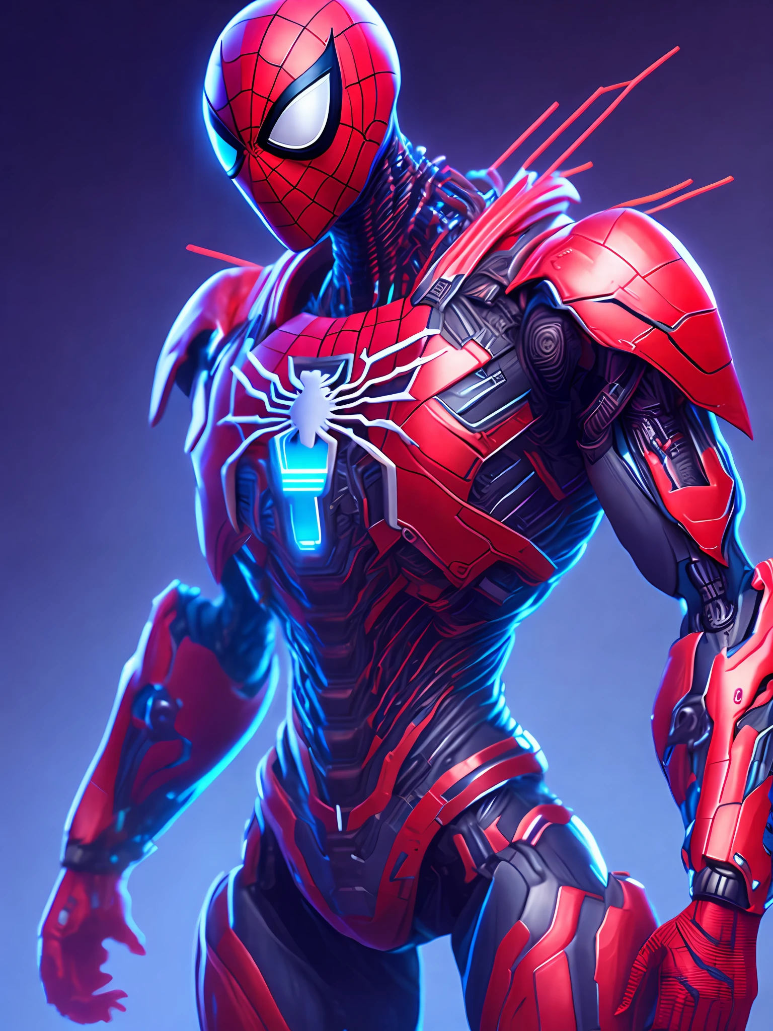 portrait, 2099 Spider-Man, biomechanical, complex robot, full growth, hyper-realistic, insane small details, extremely clean lines, cyberpunk aesthetic, a masterpiece featured on Zbrush Central,