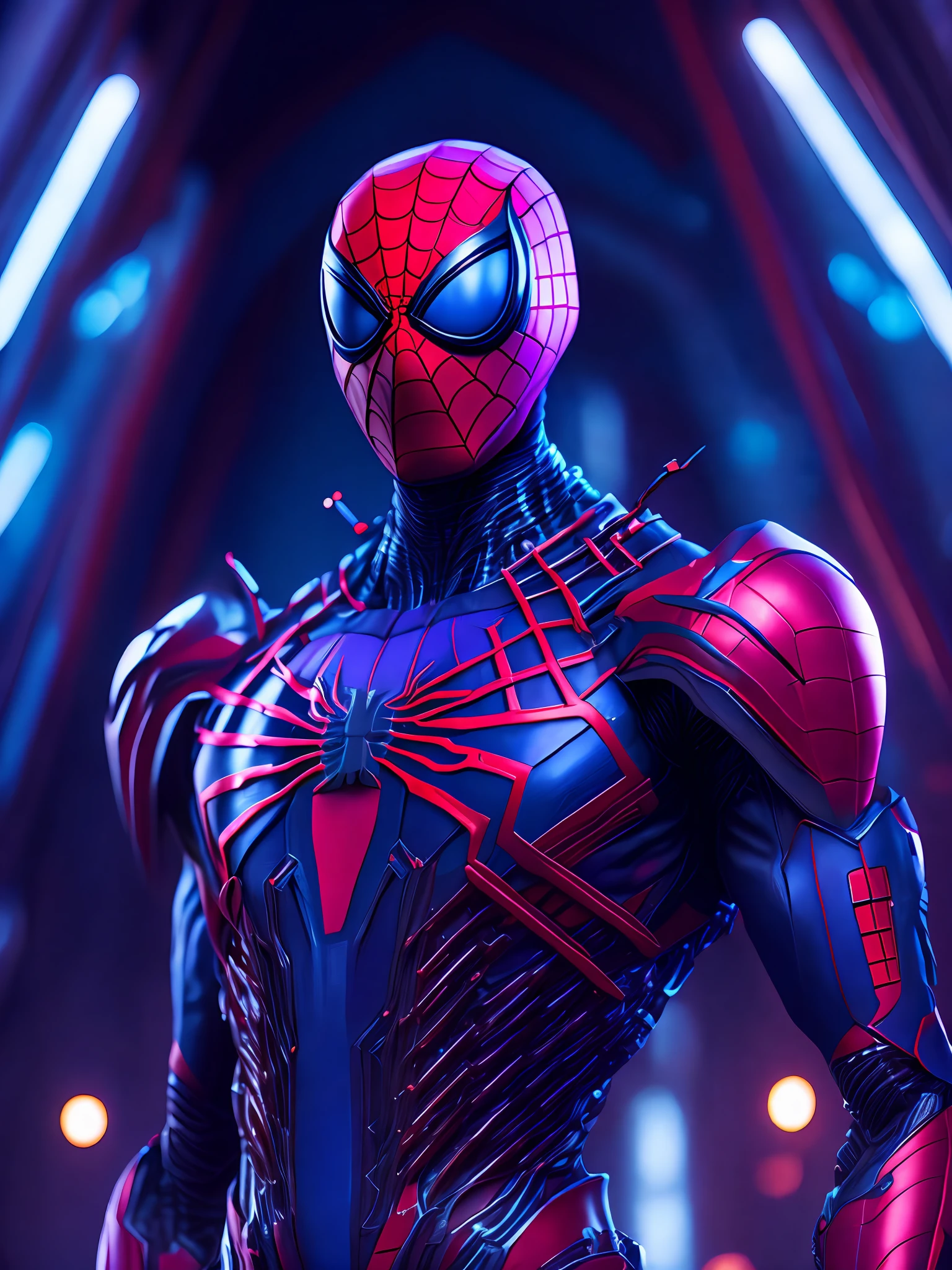 Portrait, 2099 Spider-Man, biomechanical, complex robot, full growth, hyperrealistic, insane small details, extremely clean lines, cyberpunk aesthetic, masterpiece unveiled at Zbrush Central, gothic brutalist cathedral, cyberpunk, award-winning photo, bokeh, neon lights, cybernetic limb
