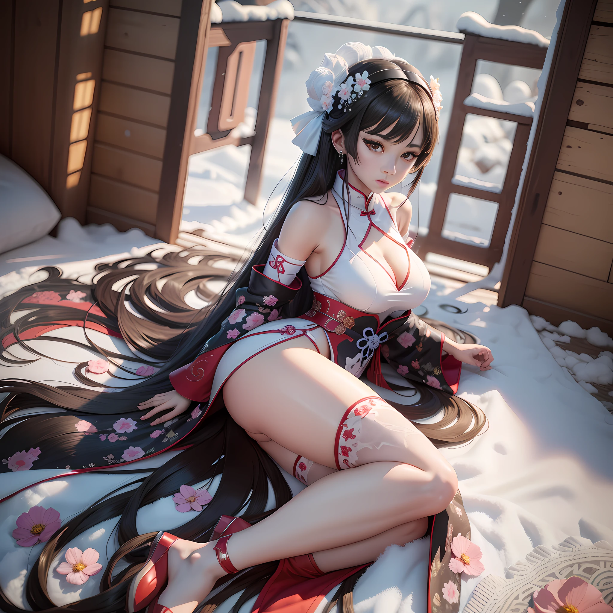 There is a woman in a short white cheongsam sitting on the snow, popular on CGSTATION, 3D seductive anime girl, beautiful seductive anime woman, beautiful beautiful sexy digital artwork, sexy pose, Japanese goddess, 3D anime reality, smooth anime CG art, 8K, long hair coquettish beautiful, sexy clothes, beautiful and generous face