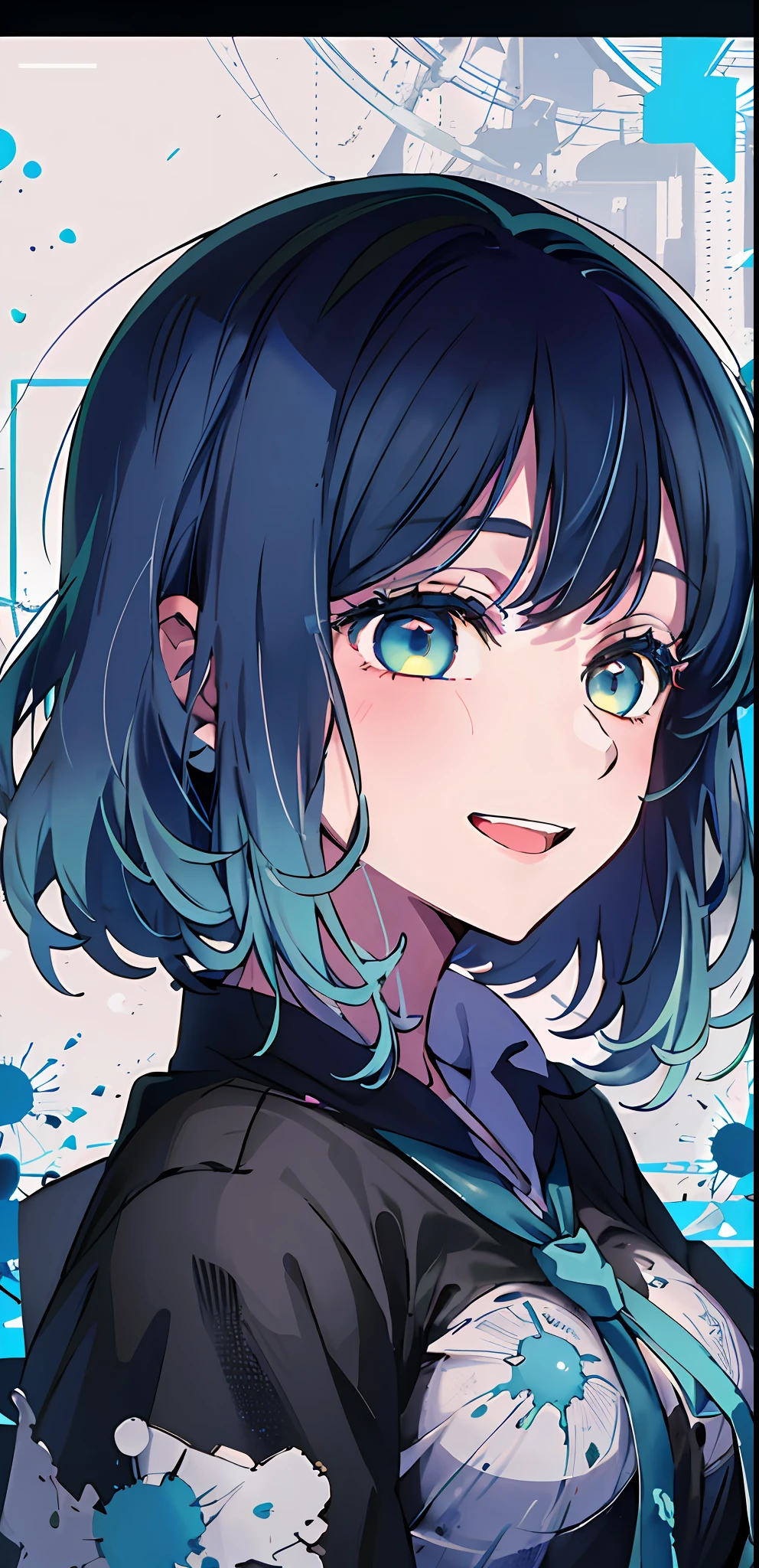 Original character , 1girl, (crazy smile:1.2) , blue hair , bangs , hands on face , blue blood splatter on face , blue and black color scheme, open mouth, (wide-eyed:1.2), glowing eyes , yandere,
