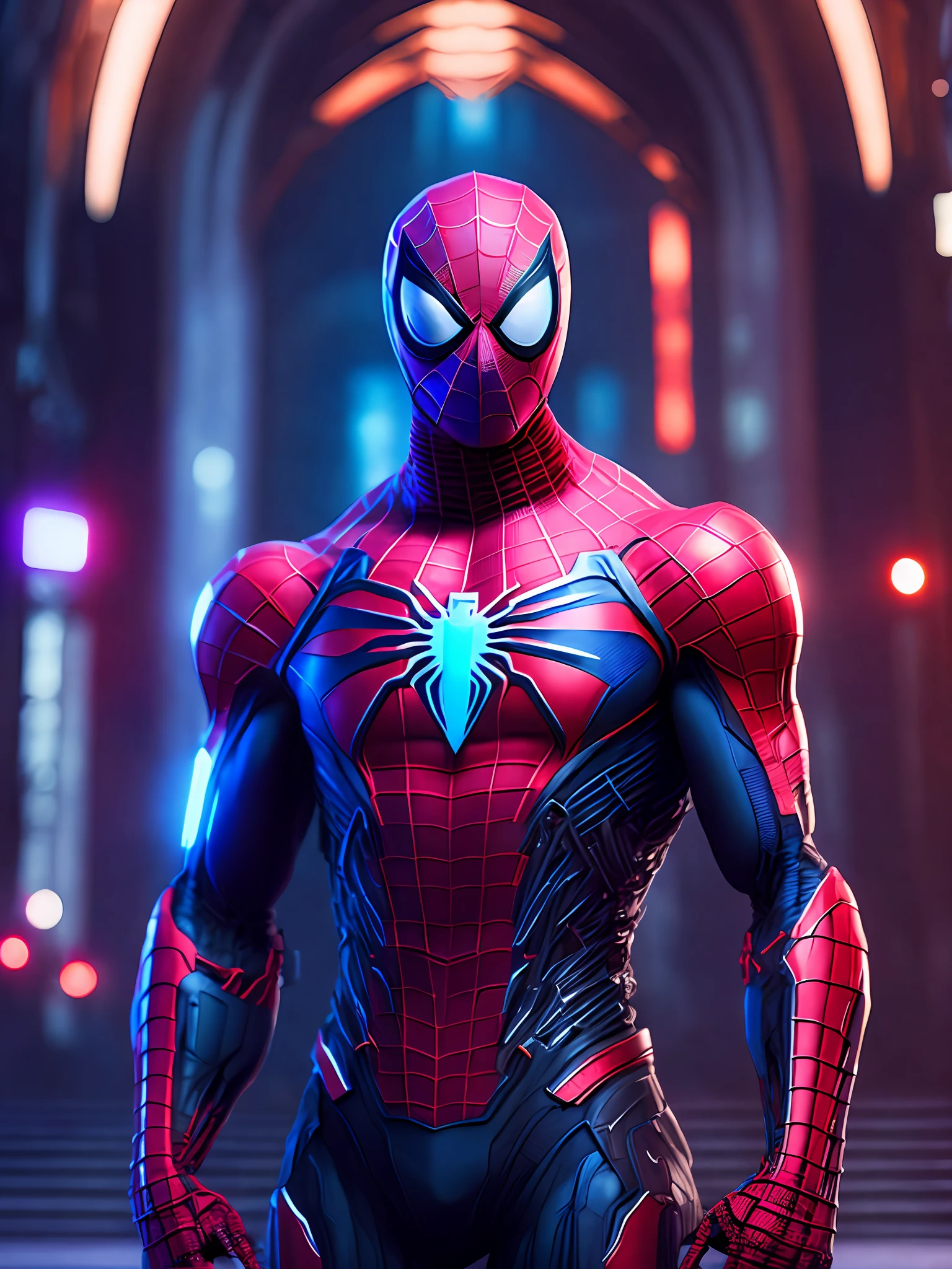 Portrait, 2099 Spider-Man, biomechanical, complex robot, full growth, hyperrealistic, insane small details, extremely clean lines, cyberpunk aesthetic, masterpiece unveiled at Zbrush Central, gothic brutalist cathedral, cyberpunk, award-winning photo, bokeh, neon lights, cybernetic limb