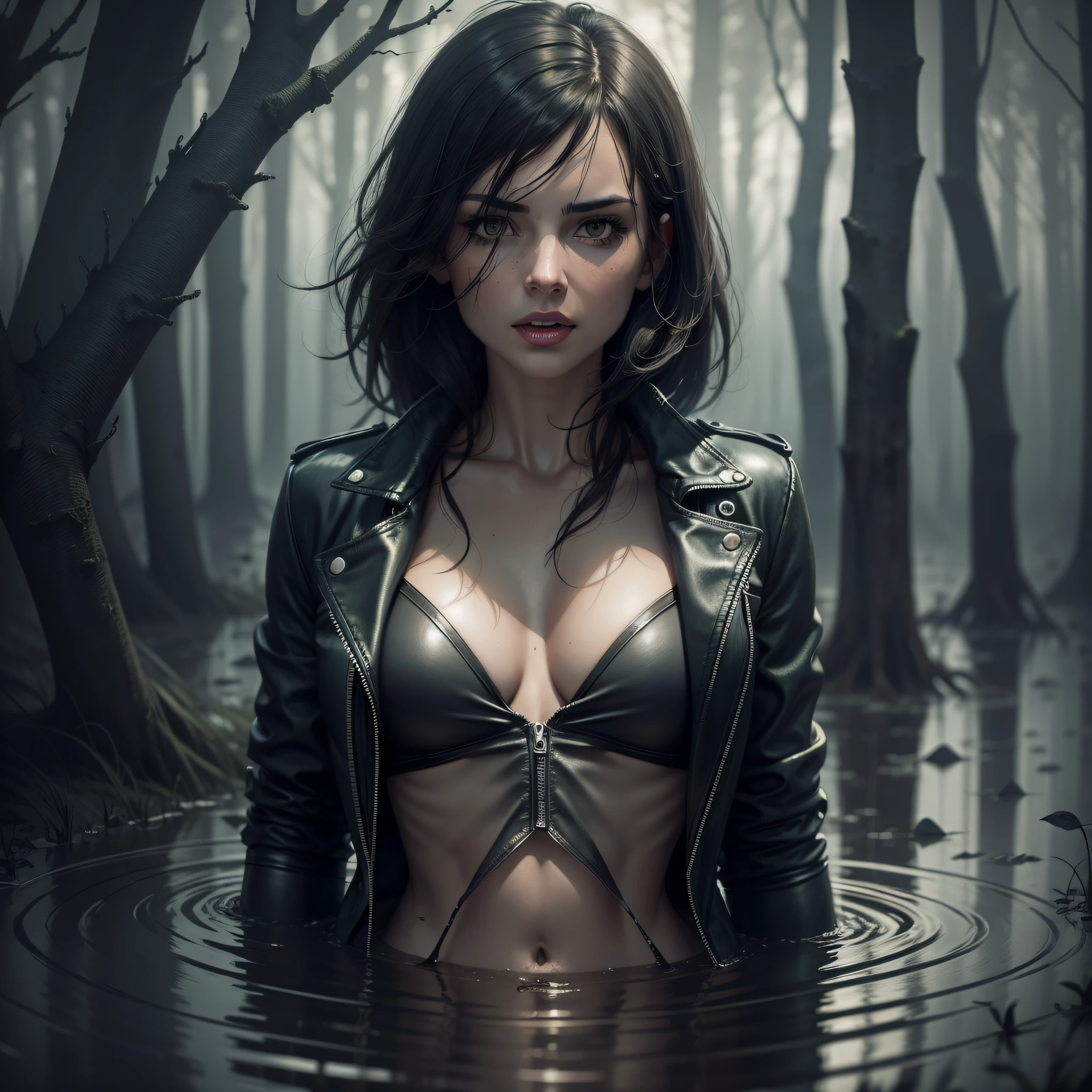 Dark night, night fog. Swamp, dramatic setting. A woman in jeans and a leather jacket drowns in a swamp. She is sexually aroused and frightened