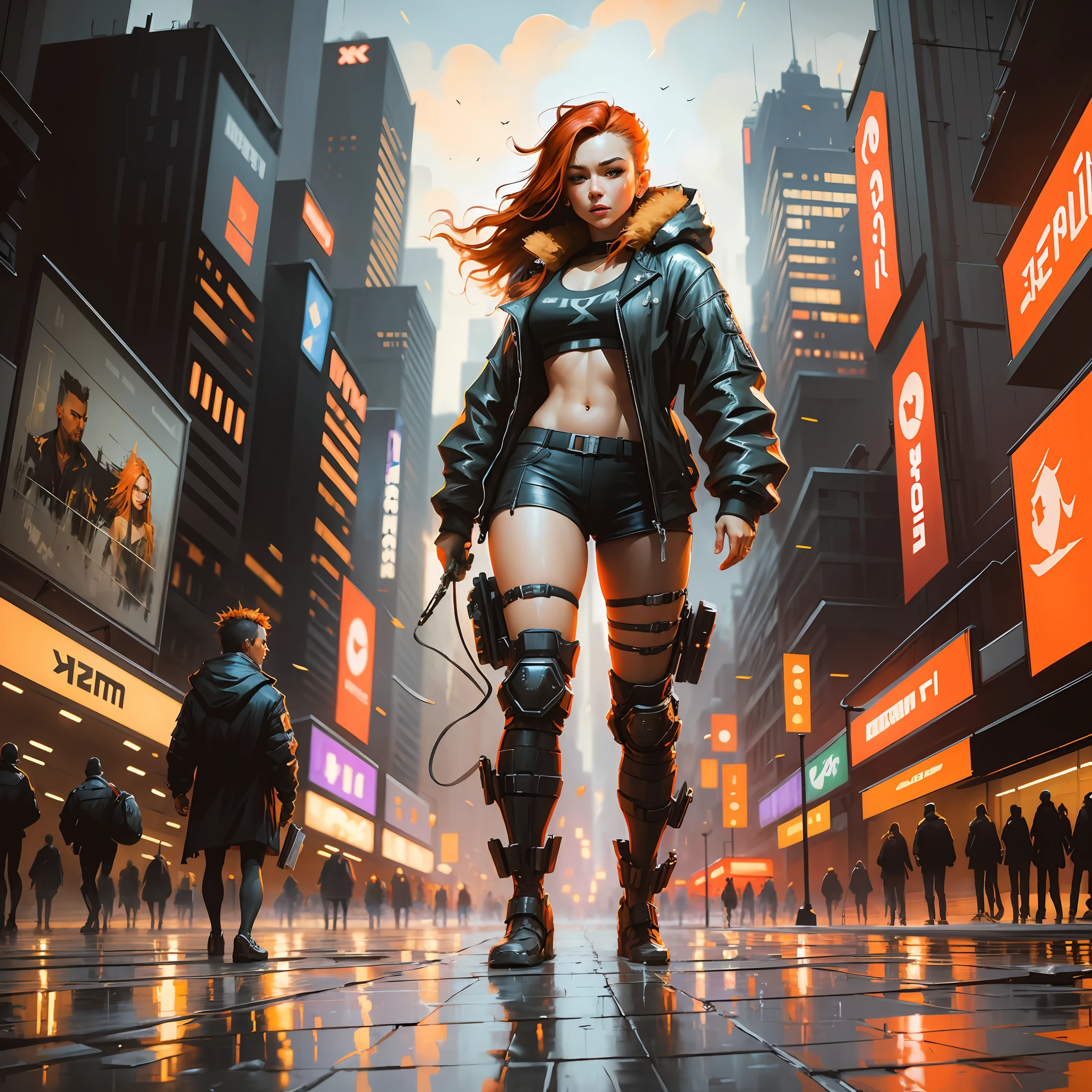 cyberpunk ginger vixen at central plaza of post apocalyptic city, Light field photography, wide angle lens f/2.8, ultra insane high resolution intricate textures, texture indentation, 32k raw professional photo, perfect perspective, perfect geometry, ultra insane ambient lighting, ultra insane ambient shadows, luminism, ultra detailed busy background, bouncing lighting, tessellation, maximalism, IPA Award wining masterpiece, art by Afremov, Kashin, Aenami, Jeremy Mann