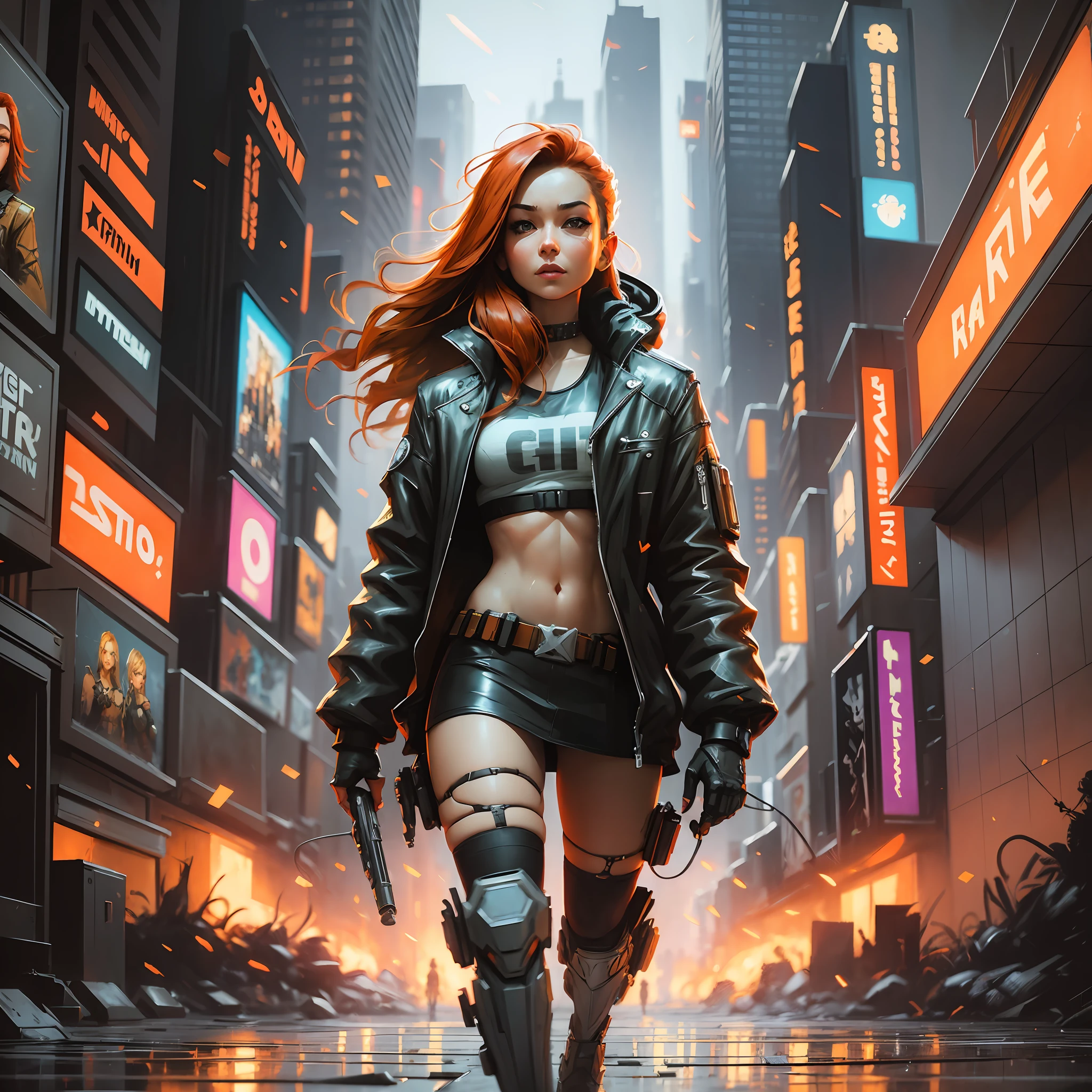 cyberpunk ginger vixen at central plaza of post apocalyptic city, Light field photography, wide angle lens f/2.8, ultra insane high resolution intricate textures, texture indentation, 32k raw professional photo, perfect perspective, perfect geometry, ultra insane ambient lighting, ultra insane ambient shadows, luminism, ultra detailed busy background, bouncing lighting, tessellation, maximalism, IPA Award wining masterpiece, art by Afremov, Kashin, Aenami, Jeremy Mann