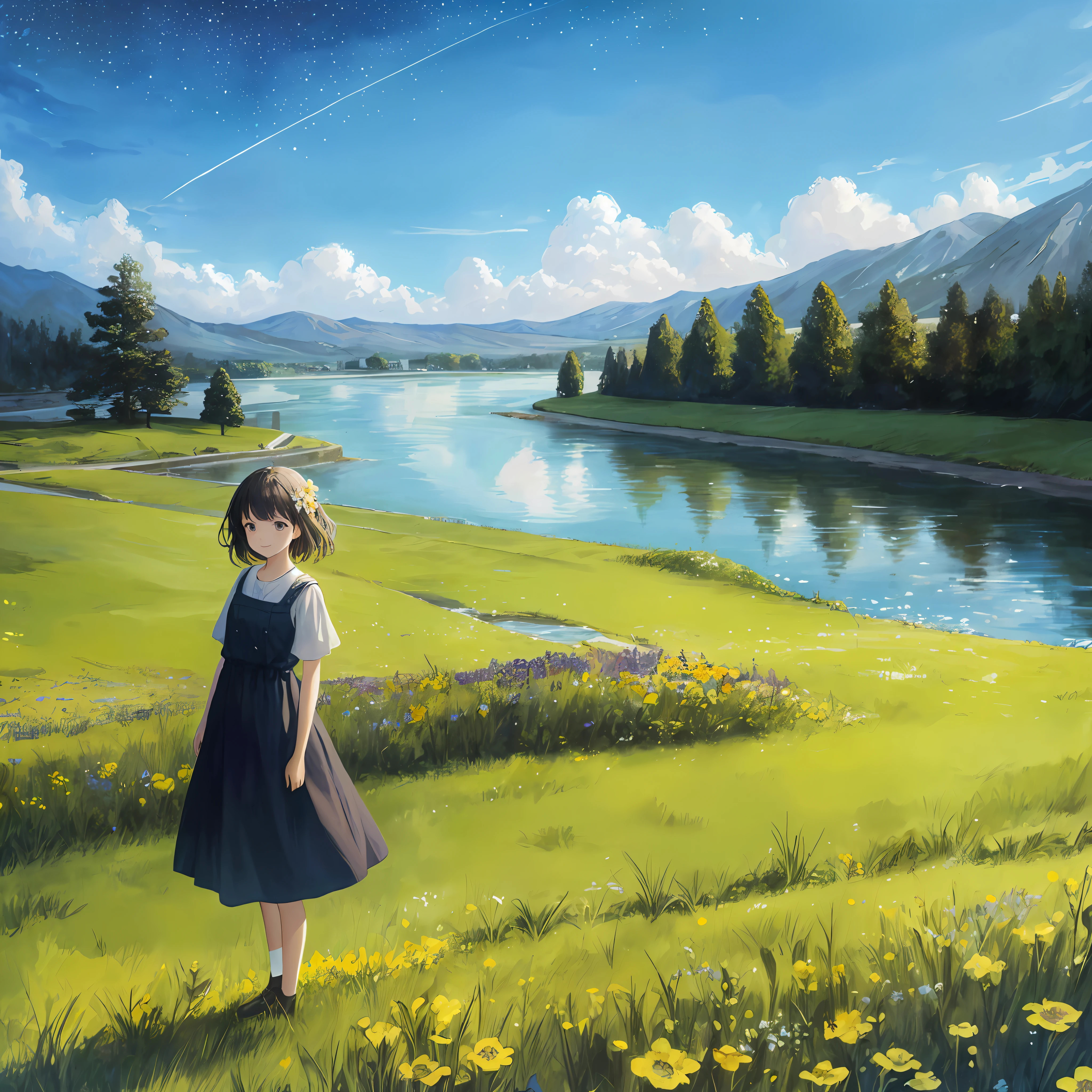 masterpiece, absurdres, highres, best quality, 1girl, standing, smile, happy, outside, nature, full body, night, starry sky, grass, field, flower field, river,