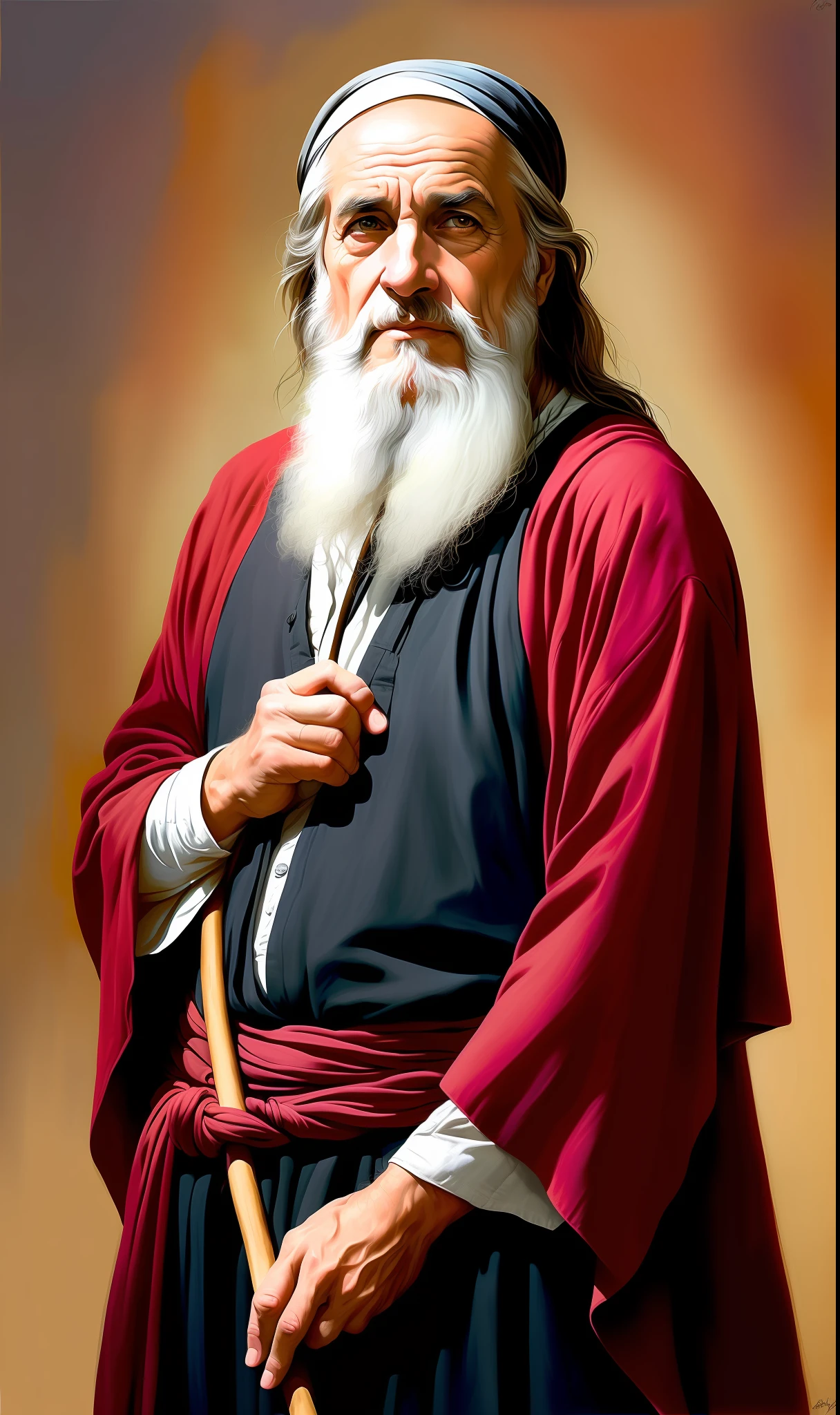 A beautiful ultra-thin realistic portrait of Moses the prophet, an old Hebrew man, long gray hair, long gray beard, wearing black and red striped robe, holding a staff, in front view, full body, biblical, realistic, intricate details, por abbott fuller graves, bartolome esteban murillo, jc leyendecker, craig mullins, peter paul rubens, (caravaggio), trend in artstation, 8k, Concept Art, Fantasy Art, PhotoRealistic, Realistic, Illustration, Oil Painting, Surrealism, HyperRealistic, brush brushes, Digital art, style, watercolor