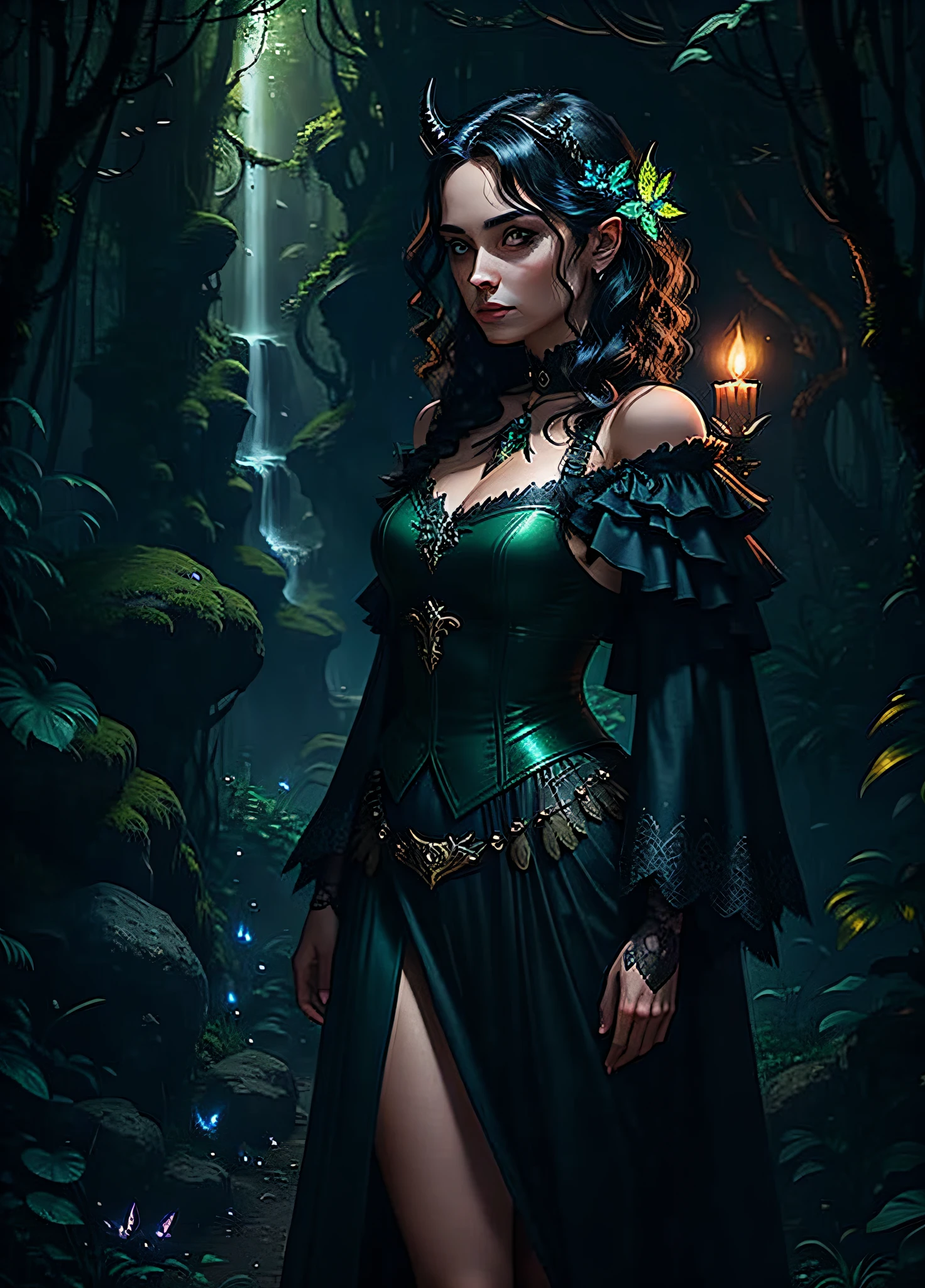 sexy full body photo of the world's most beautiful artwork, illustration, cinematic light, fantasy, highres, highest quality, ultra detailed, best quality, masterpiece, (detailed face), sexy mature druid woman wears a bright green skirt long blue body, full body, floating cloth, choker, shiny (older underworld fantasy) forest plants with neon details, open shoulders, tiny glowing butterfly, a crow on the shoulder, pet(crow)(crow), hair jewelry, brunette, curly blue hair, horns on the head (body focus: 1.25), night, small mutant animals in the background, emitting magical energy, dark, light reflection, skilled, lethal killer with magic spells, c teenager with familiar intelligent crow, dark and stealthy with deadly weapons, Enchanted fantasy gothic style, mysterious and exciting action. crow on the shoulder, spell, witch, mature woman,