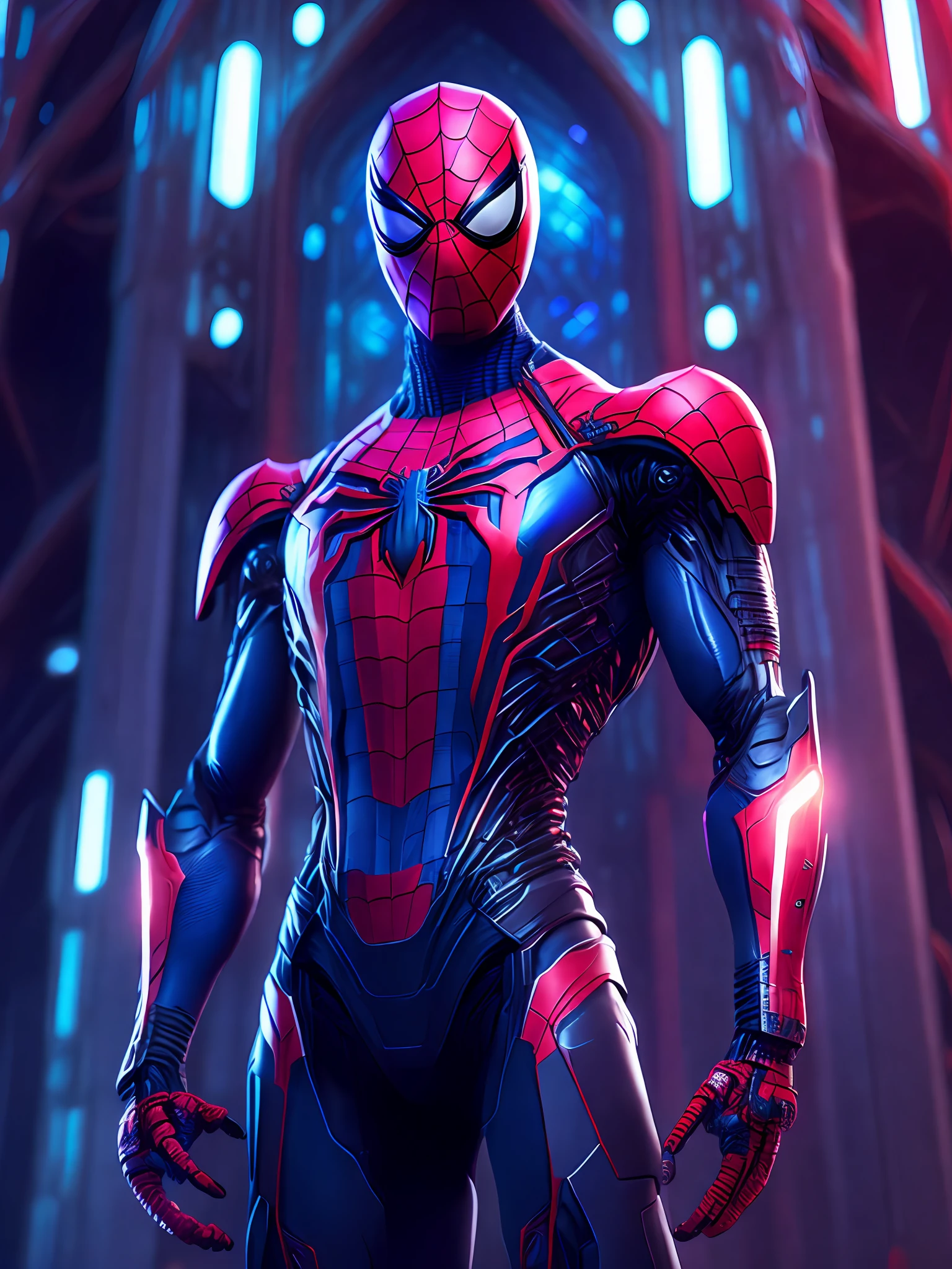 Portrait, 2099 Spider-Man, biomechanical, complex robot, full growth, hyperrealistic, insane small details, extremely clean lines, cyberpunk aesthetic, masterpiece unveiled at Zbrush Central, gothic brutalist cathedral, cyberpunk, award-winning photo, bokeh, neon lights, cybernetic limb