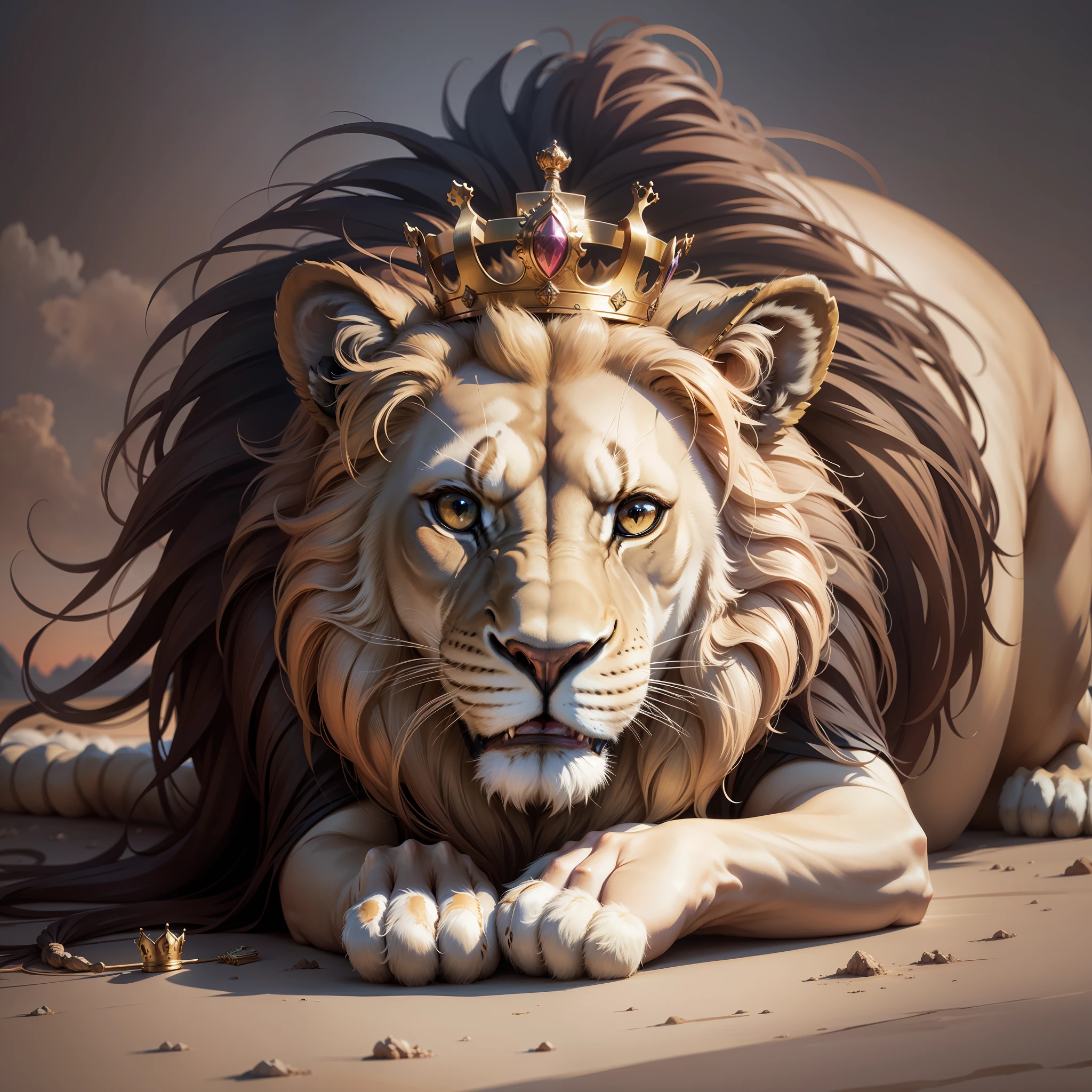 Lion with a crown (hyper realistic) in the sky