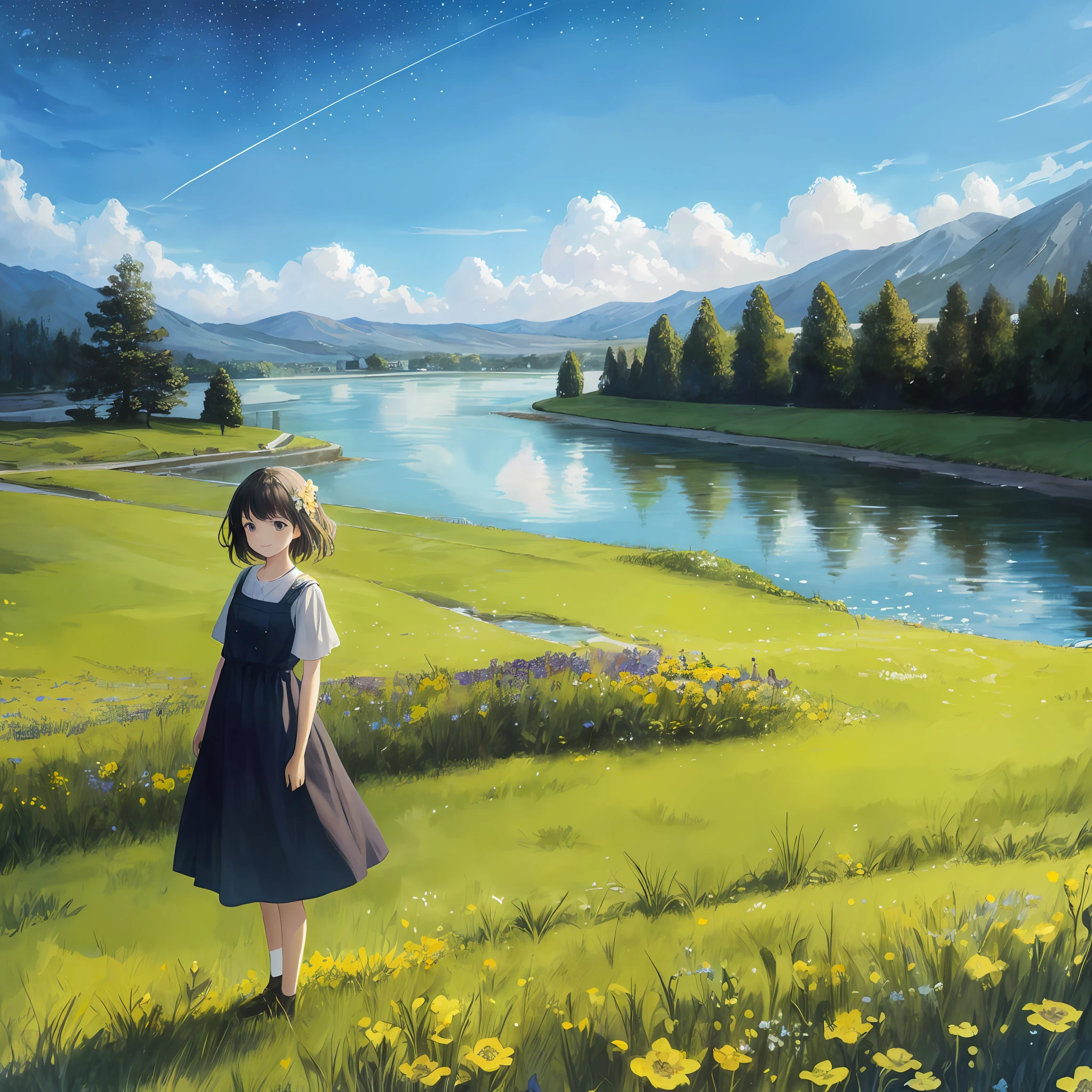 masterpiece, absurdres, highres, best quality, 1girl, standing, smile, happy, outside, nature, full body, night, starry sky, grass, field, flower field, river,