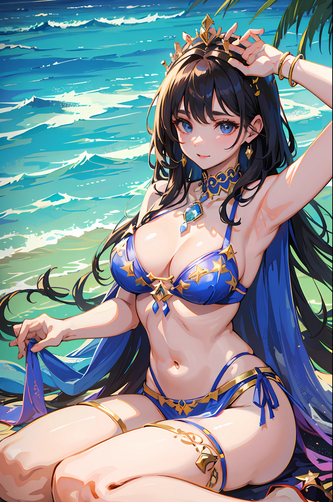 A beautiful queen in a summery outfit, dominates the royal beach in all her glory.
