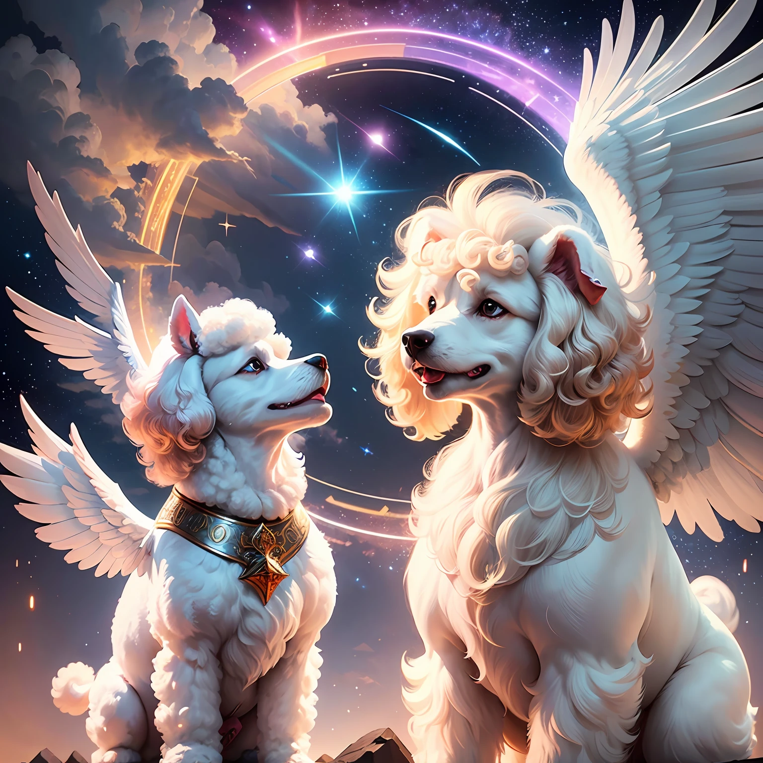 A white poodle with angel wings, smiling, happy, 3d cartoon style, HD, ultra realistic, digital illustration, artstation, digital illustration, artstation, night scenery with several beautiful stars, bright colors, HD --auto --s2