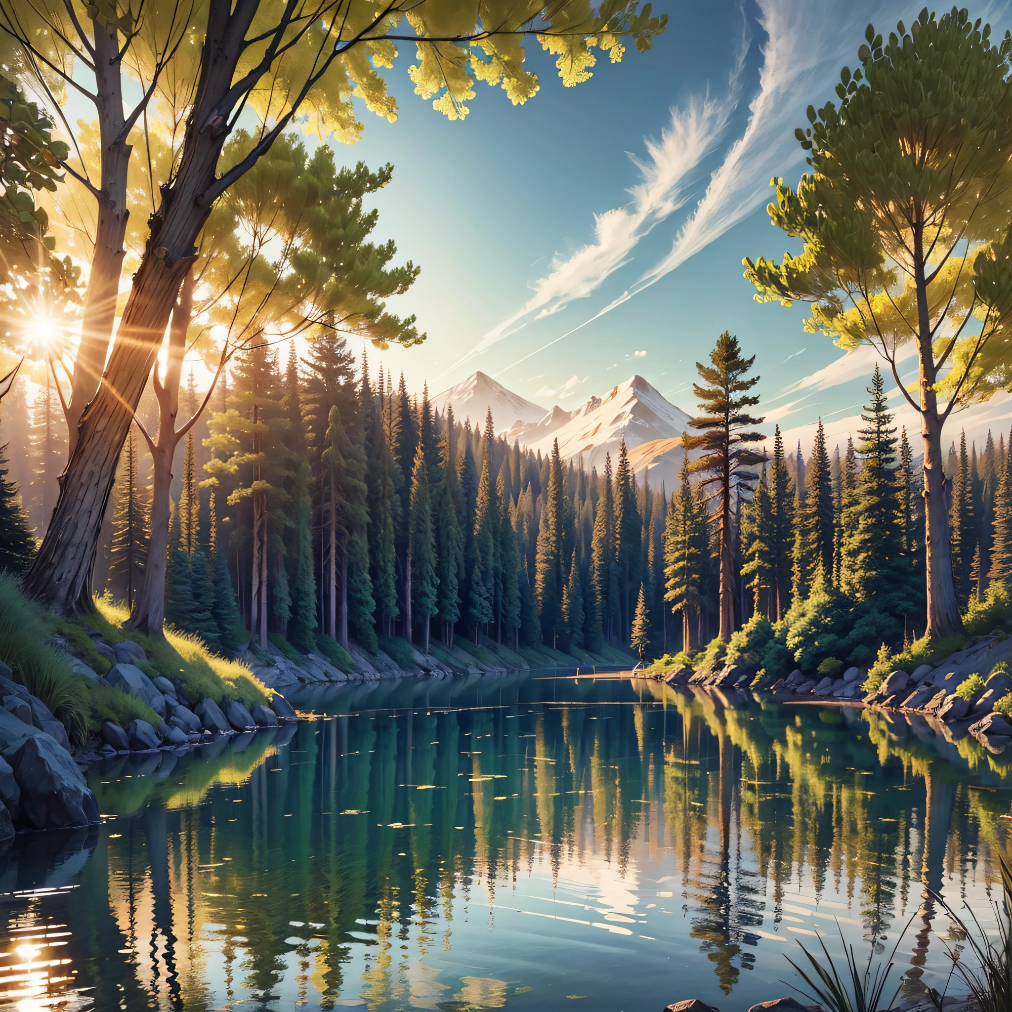 Draw an image for your online fishing shop that captures the feeling of being on the edge of a tranquil lake, with the water reflecting the afternoon sun. In the image, include an experienced angler, smiling as he holds his fishing rod, waiting patiently for the next big fish. In the background, include a wooded landscape, with tall, majestic trees jutting out into the sky. Be sure to include realistic details such as the texture of the water, the shadows cast by the trees, and the sunlight filtering through the leaves. The image should be vivid and compelling enough to inspire anglers to visit your online store in search of quality equipment for their next fishing trip. --auto --s2