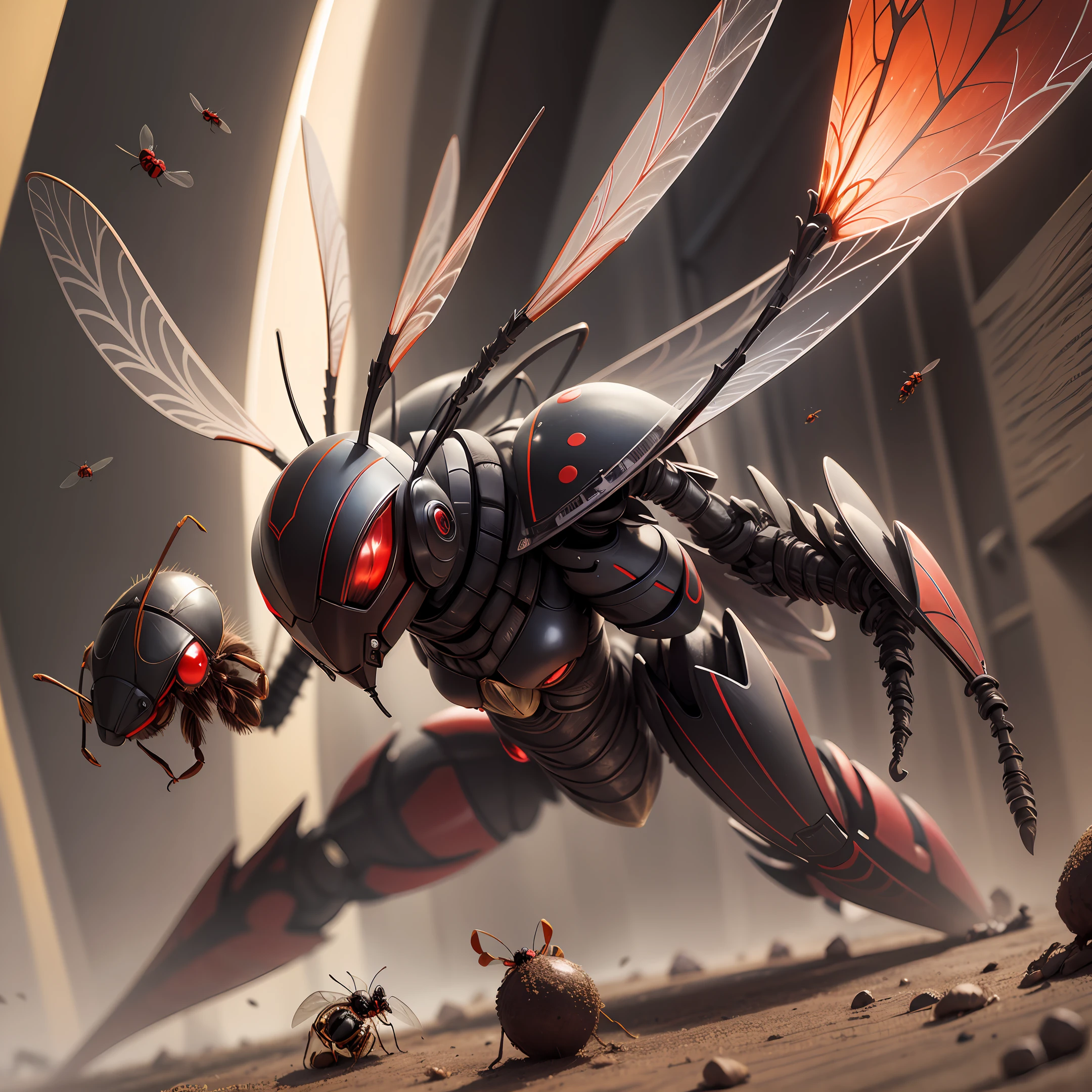 A wasp with red eyes fighting with an army of ants. It would have to be in manga style and with a natural background behind. Adds the TYE emblem at the top centered. --auto --s2