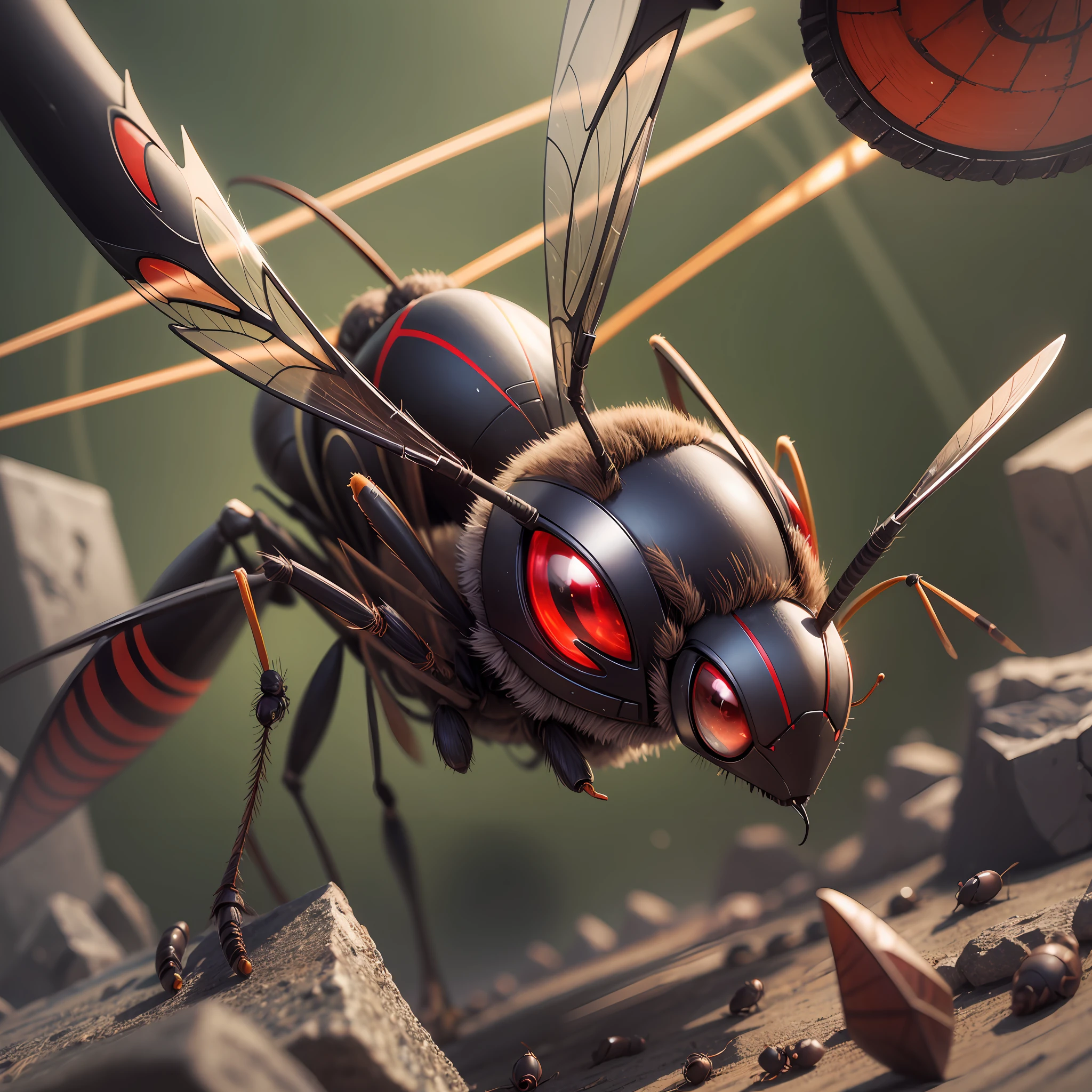 A wasp with red eyes fighting with an army of ants. It would have to be in manga style and with a natural background behind. Adds the TYE emblem at the top centered. --auto --s2