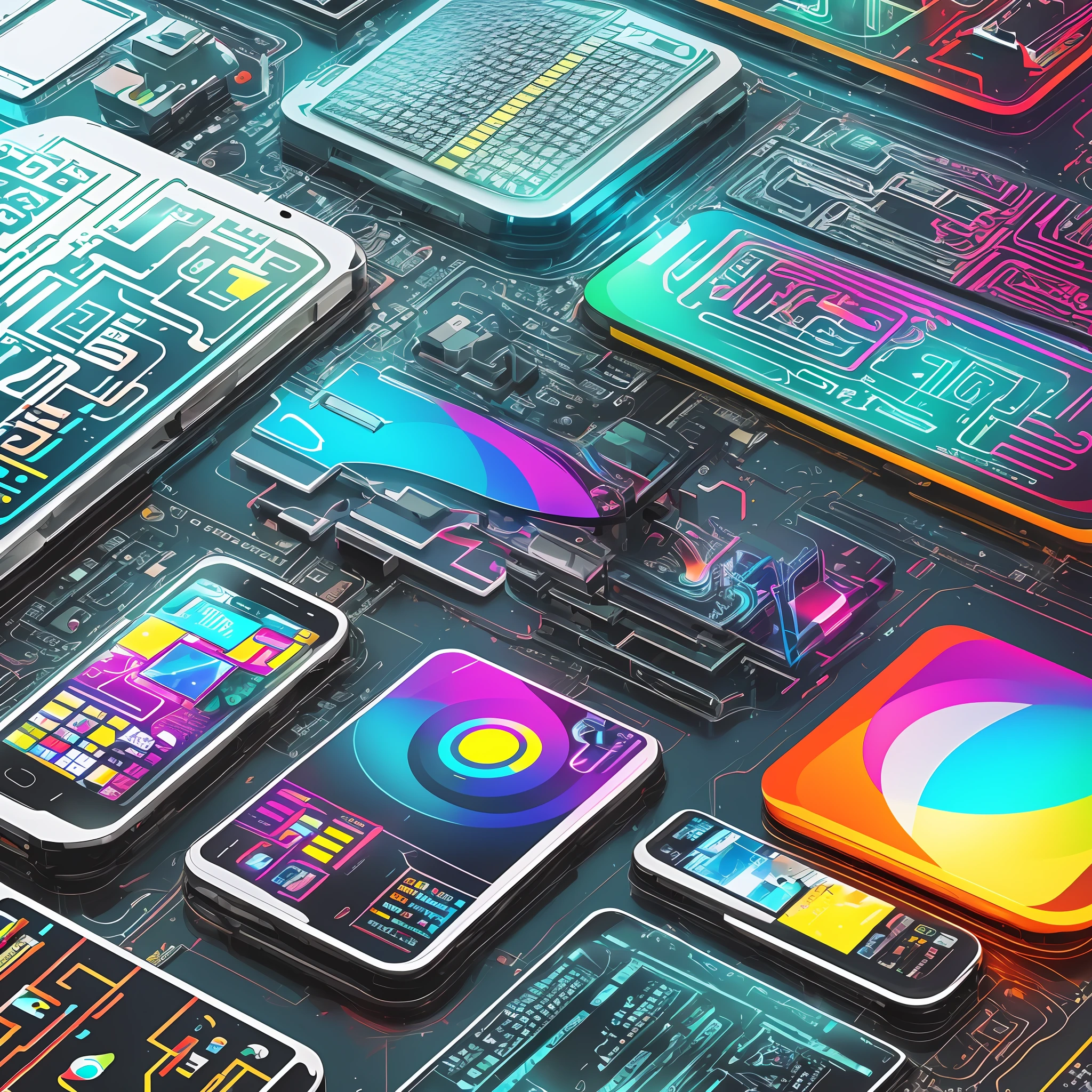 Make an image for an Instagram page called electronic journey about technology, cell phones, gadjets, computers, an image that makes people immerse themselves in the world of technology, with vibrant colors. --auto --s2