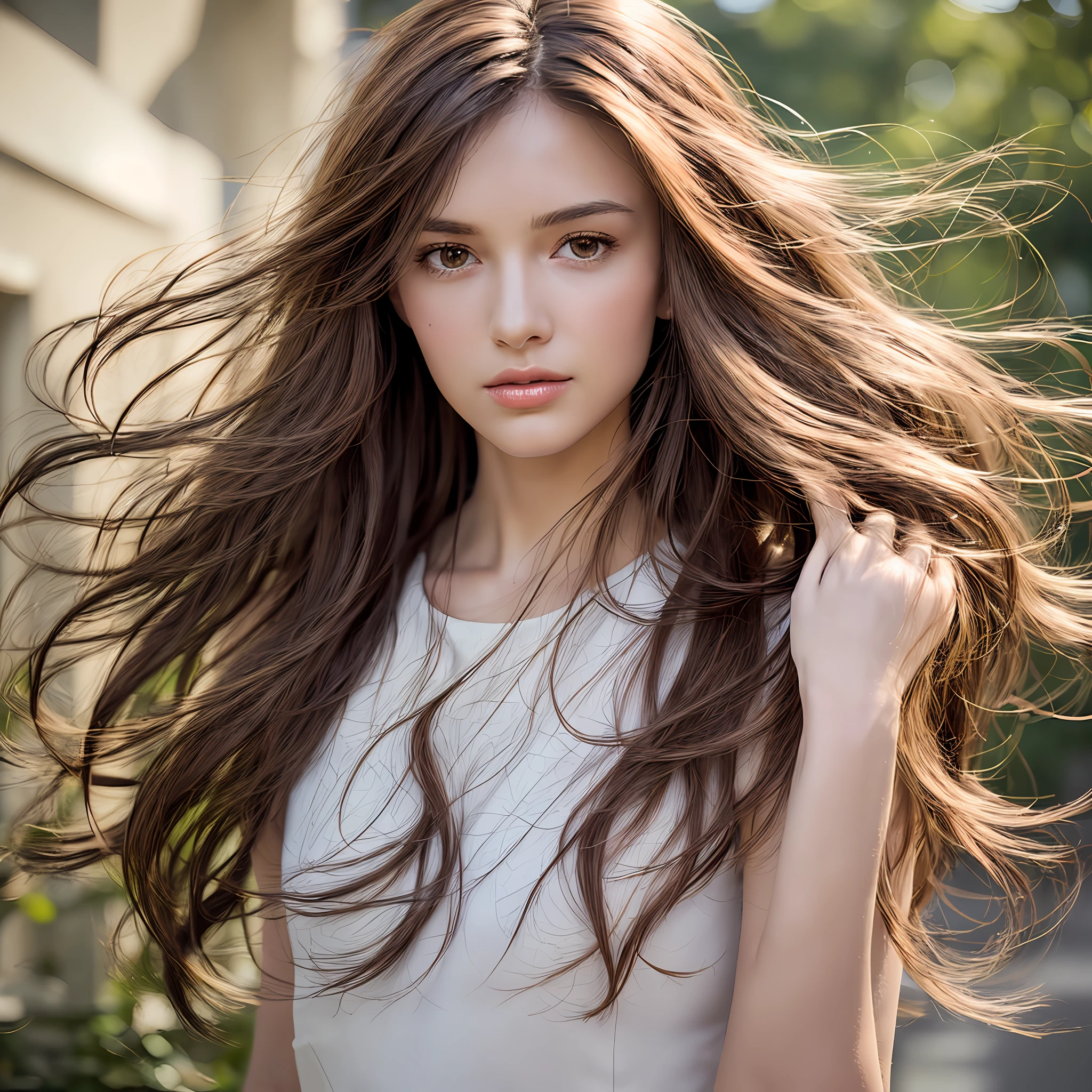 depth of field, lifelike, realistic, super detailed, beautiful, slender, cute, 30s, beautiful features, actress, mature, upper body, bright brown hair, thin hair, small face, live-action, highest quality, very elaborate CG Unity 8K wallpaper, ultra high resolution, natural fashion, lighting, medium hair, (puffy eyes), model figure, light on hair, turn around pose, Ash brown hair, model pose, studio shoot, white background, delicate skin type, light wavy hair close to straight hair, hands around mouth, adult clothes, hair model shoot, hair fluttering in the wind, transparent hair, fine hair fineness, soft hair, fine skin, bright photo, less hair, angle of pull