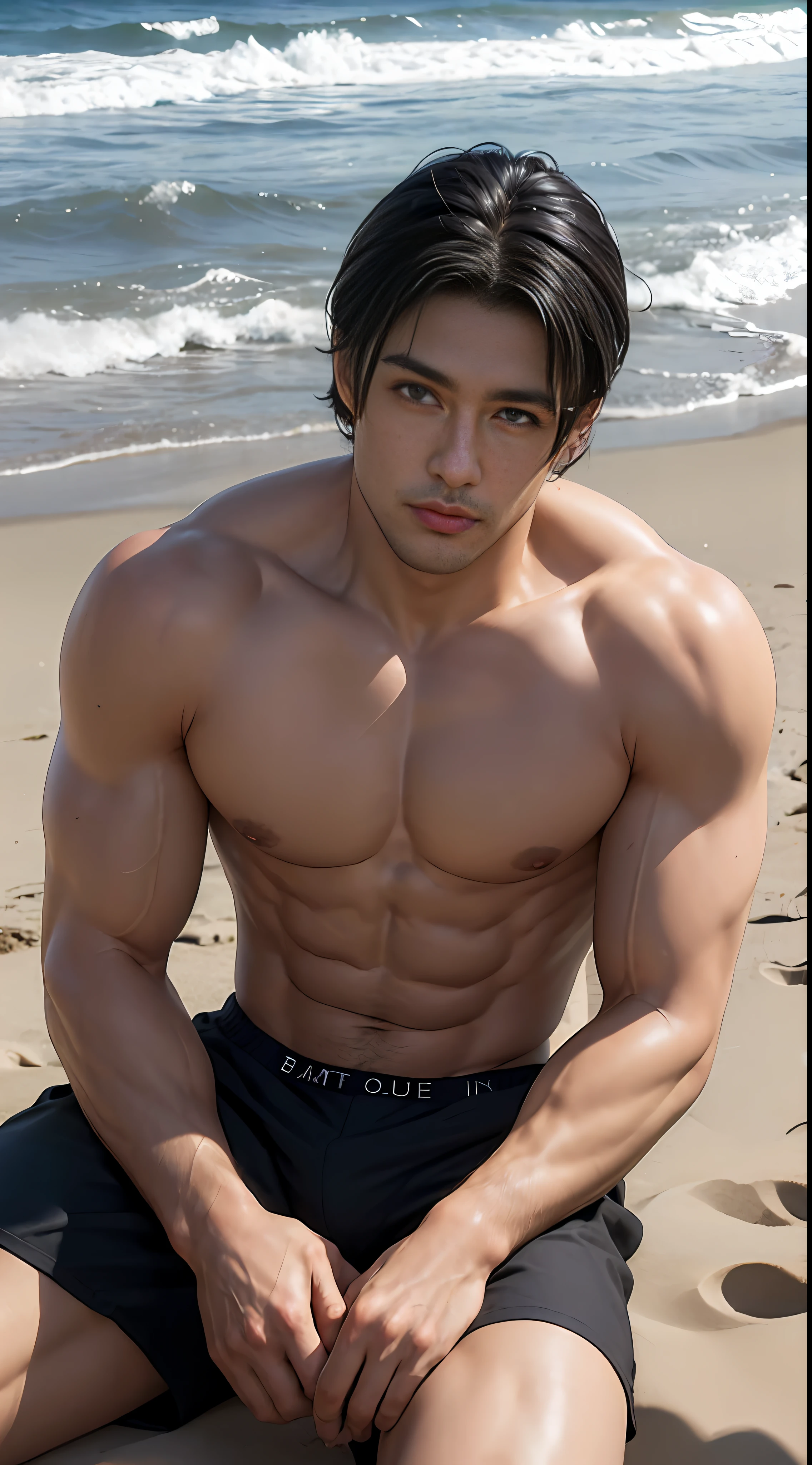 (((Handsome man))) with black hair. (large muscles:1.2), perfect skin,8k. Dressed in boxers. Sitting on the beach. Topless