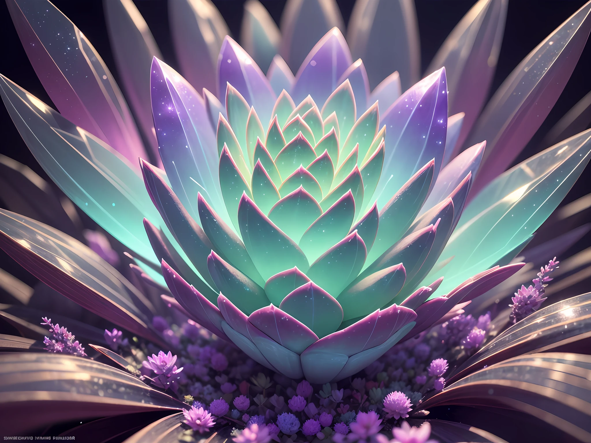 Succulent plant made of crystals ,fantasy, galaxy, transparent, flower blowing in the wind, shimmering, sparkling, splendid, colorful, magical photography, dramatic lighting, photo realism, ultra-detailed, 4k, Depth of field, High-resolution --auto --s2