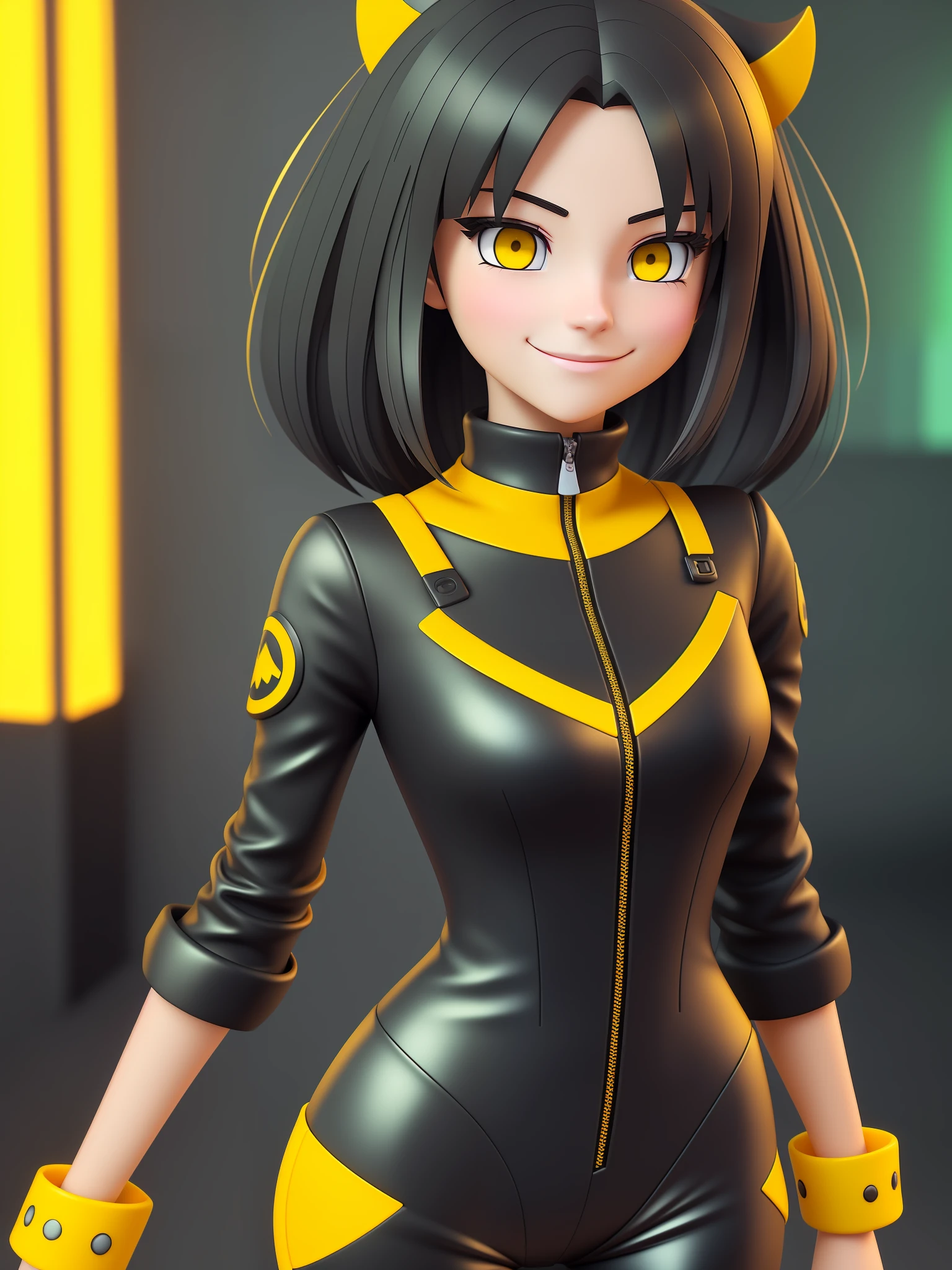 Young girl, a cartoon character dark yellow outfit, expression with ((melancholic smile)), (dark hair up to shoulder), yellow eyes, stylized character, animation character, stylized 3d render, 3d character, highly detailed character, stylized anime, stylized 3d, render character, character model, close up, maximum quality