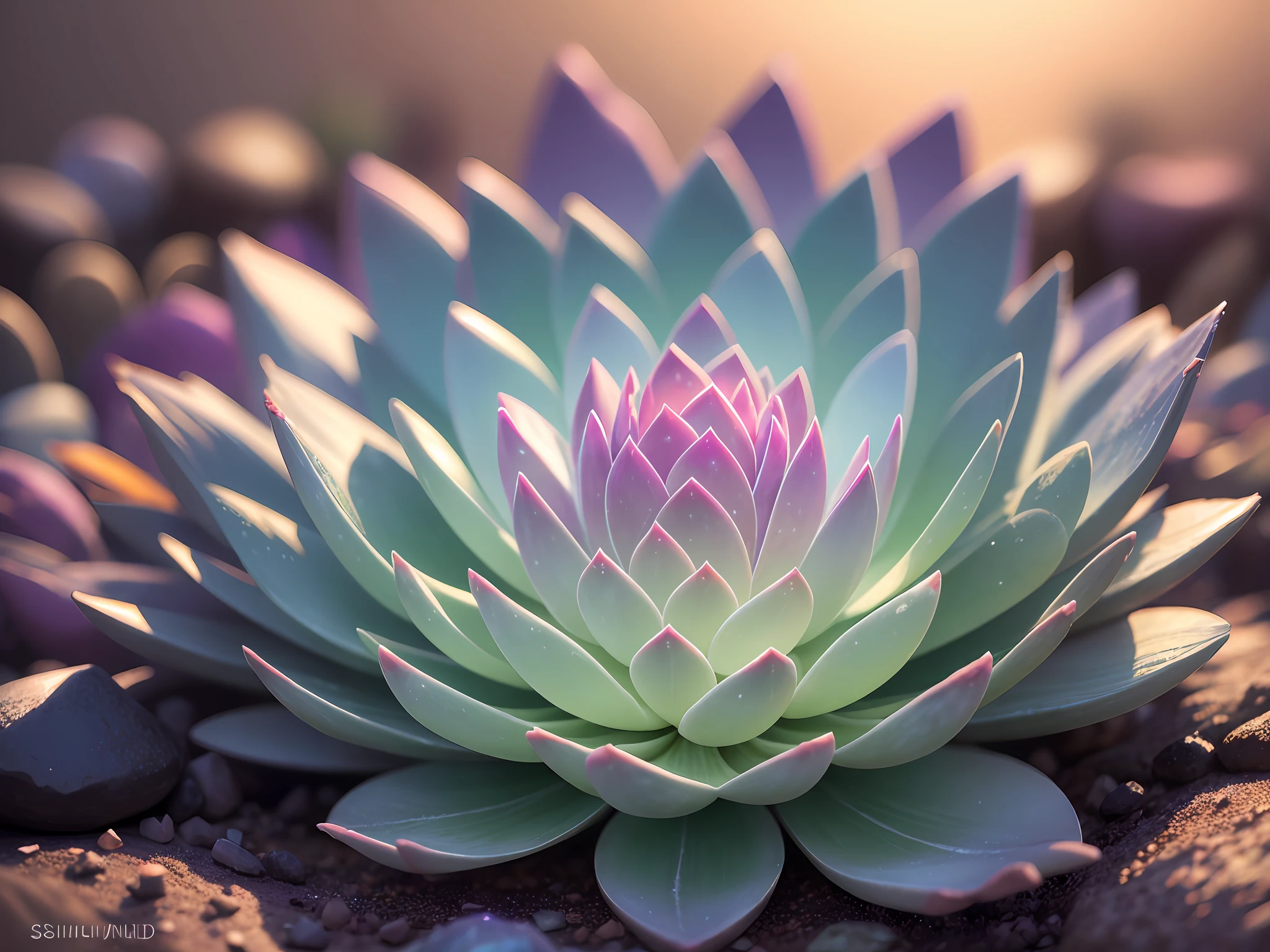 Succulent plant made of crystals ,fantasy, galaxy, transparent, flower blowing in the wind, shimmering, sparkling, splendid, colorful, magical photography, dramatic lighting, photo realism, ultra-detailed, 4k, Depth of field, High-resolution --auto --s2