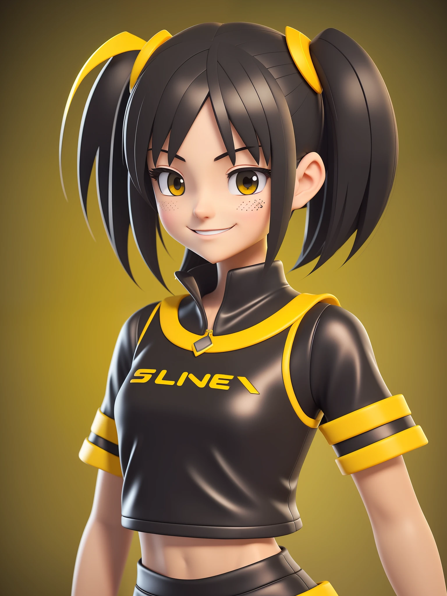 Young girl, a cartoon character dark yellow outfit, expression with ((melancholic smile)), (dark hair up to shoulder), yellow eyes, stylized character, animation character, stylized 3d render, 3d character, highly detailed character, stylized anime, stylized 3d, render character, character model, close up, maximum quality