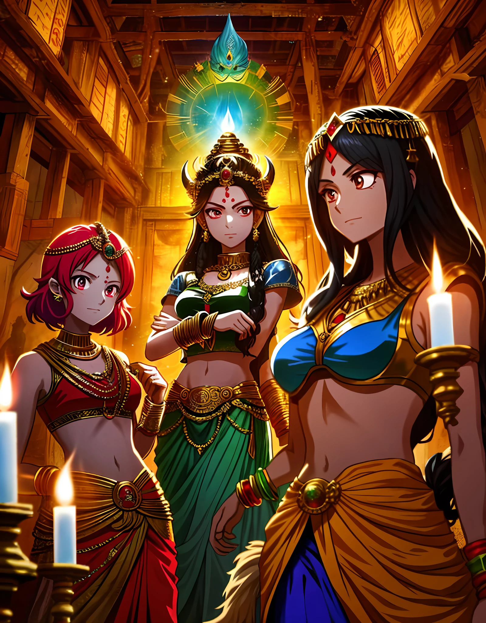 In the anime, a group of adventurers journey to a remote village in the Himalayas where they discover a hidden temple devoted to the Hindu goddess Kali. Inside the temple, they are greeted by a group of priestesses performing a sacred dance ritual in honor of the goddess. The adventurers watch in awe as the priestesses move with fluid grace, their colorful saris and gold jewelry catching the light of the flickering candles. As the ritual reaches its climax, a statue of the goddess comes to life and the adventurers are transported to a mystical realm where they must face a series of challenges to prove their worthiness to Kali.
