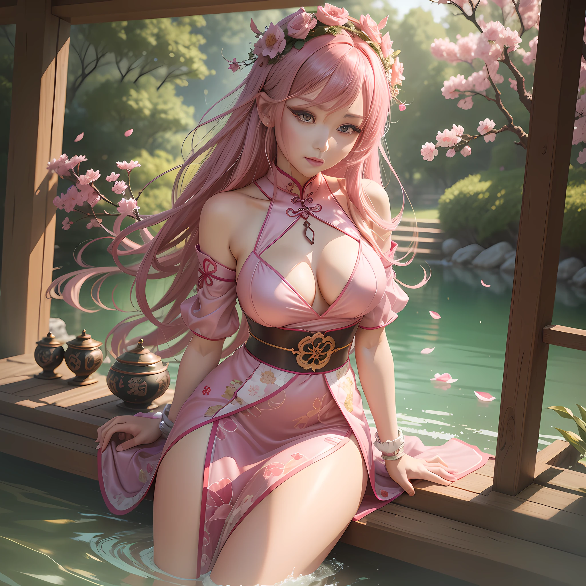 There is a woman in a short pink cheongsam sitting on the water, popular on CGSTATION, 3D seductive anime girl, beautiful seductive anime woman, beautiful beautiful sexy digital artwork, sexy pose, Japanese goddess, 3D anime reality, smooth anime CG art, 8K, long hair coquettish beautiful, sexy clothes, beautiful and generous face
