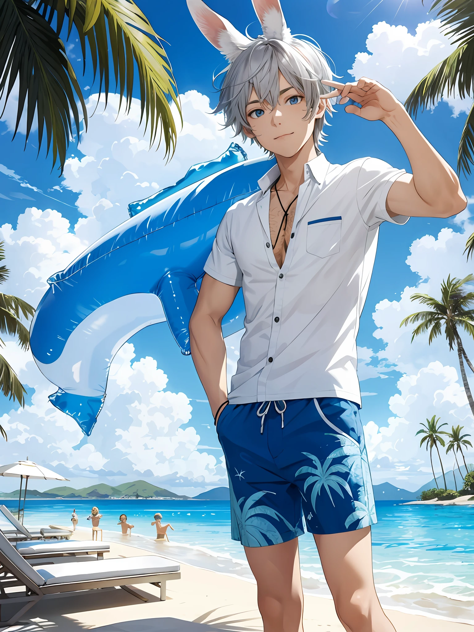 illustration style, cute boy, silver-haired blue-eyed rabbit ears, solo, rabbit ears, rabbit ears, sunny day, leisurely nap, sunny day, pool relaxation, inflatable float, carefree atmosphere, refreshing water, friendly, half pants, aloha shirt, open shirt, male body, refreshing water, gentle ripples, comfortable relaxation, tropical palm trees, blue sky, lazy afternoon, a quiet oasis,