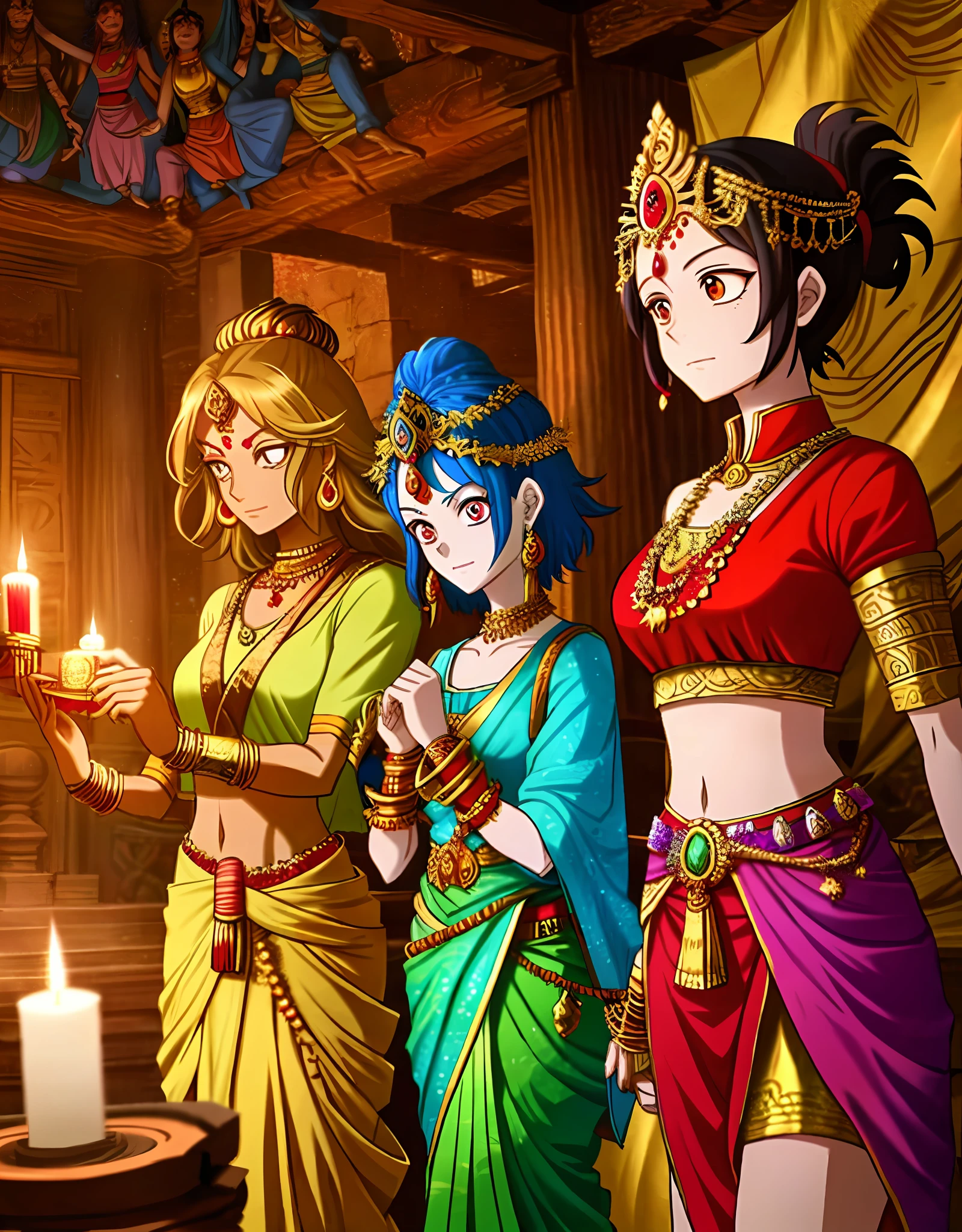 In the anime, a group of adventurers journey to a remote village in the Himalayas where they discover a hidden temple devoted to the Hindu goddess Kali. Inside the temple, they are greeted by a group of priestesses performing a sacred dance ritual in honor of the goddess. The adventurers watch in awe as the priestesses move with fluid grace, their colorful saris and gold jewelry catching the light of the flickering candles. As the ritual reaches its climax, a statue of the goddess comes to life and the adventurers are transported to a mystical realm where they must face a series of challenges to prove their worthiness to Kali.