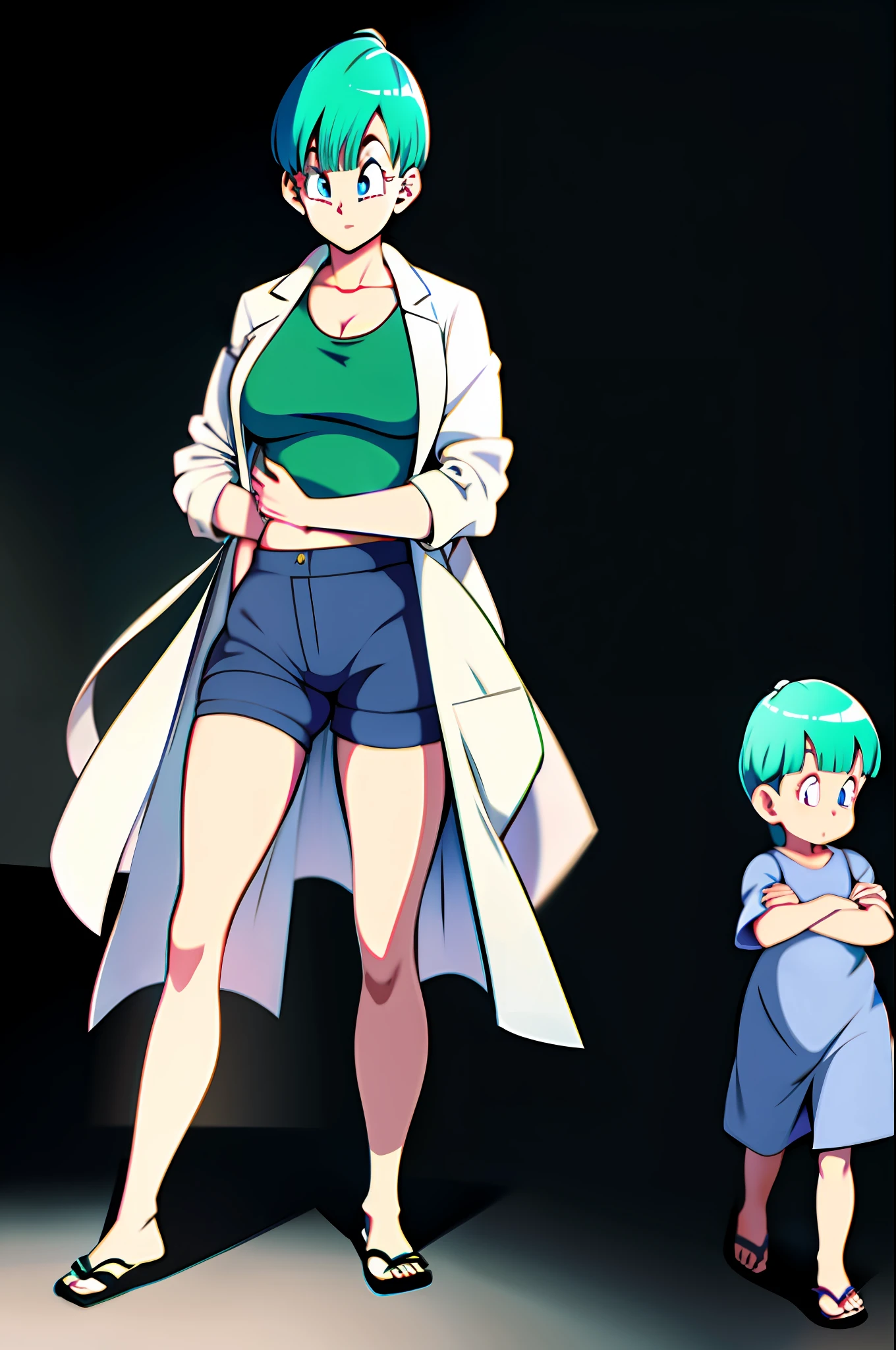 Bulma with very very long hair, wearing a open lab coat and flip flops, with her daughter