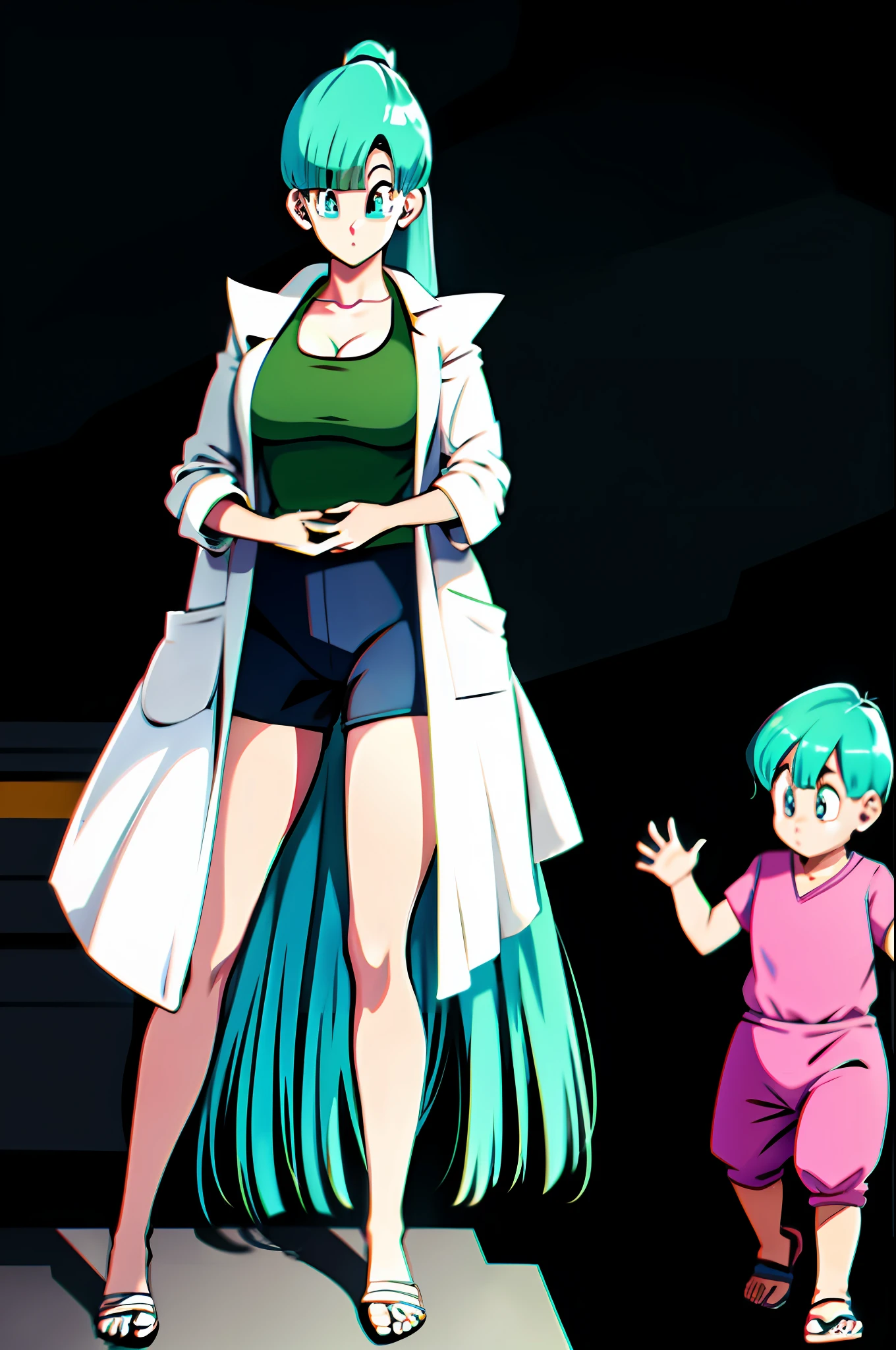 Bulma with very very long hair, wearing a open lab coat and flip flops, with her daughter