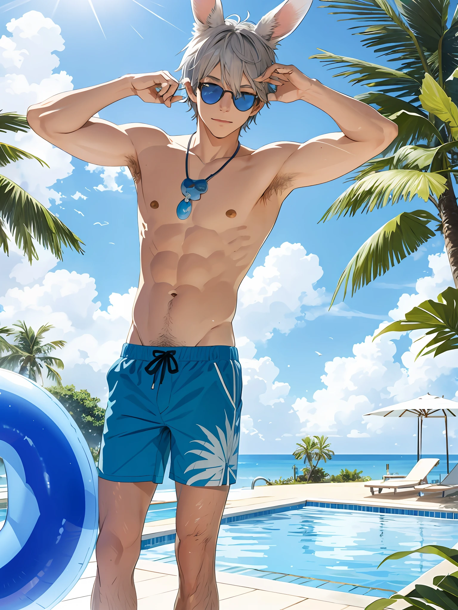 illustration style, cute boy, silver-haired blue-eyed rabbit ears, solo, rabbit ears, rabbit ears, sunny day, leisurely nap, sunny day, pool relaxation, inflatable float, carefree atmosphere, refreshing water, friendly, half pants, aloha shirt, open shirt, male body, refreshing water, gentle ripples, comfortable relaxation, tropical palm trees, blue sky, lazy afternoon, a quiet oasis,