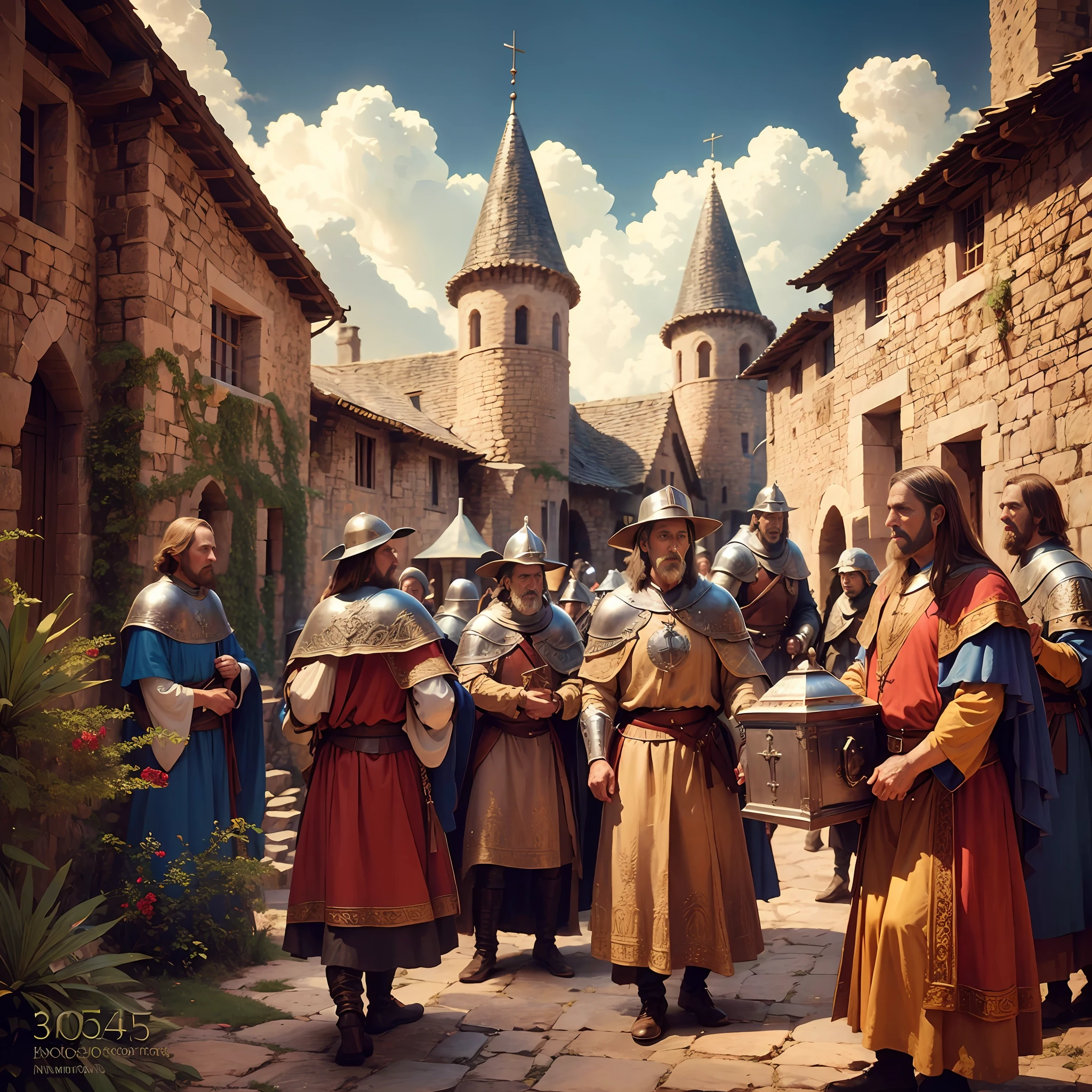 photograph of a medieval village with knights templar carrying the ark of the covenant of God, European civilization, turkey (35mmstyle: 1.1), front, masterpiece, 1970s film, , cinematic lighting, photorealistic, high frequency details, 35mm film, (film grain), film noise, --auto --s2